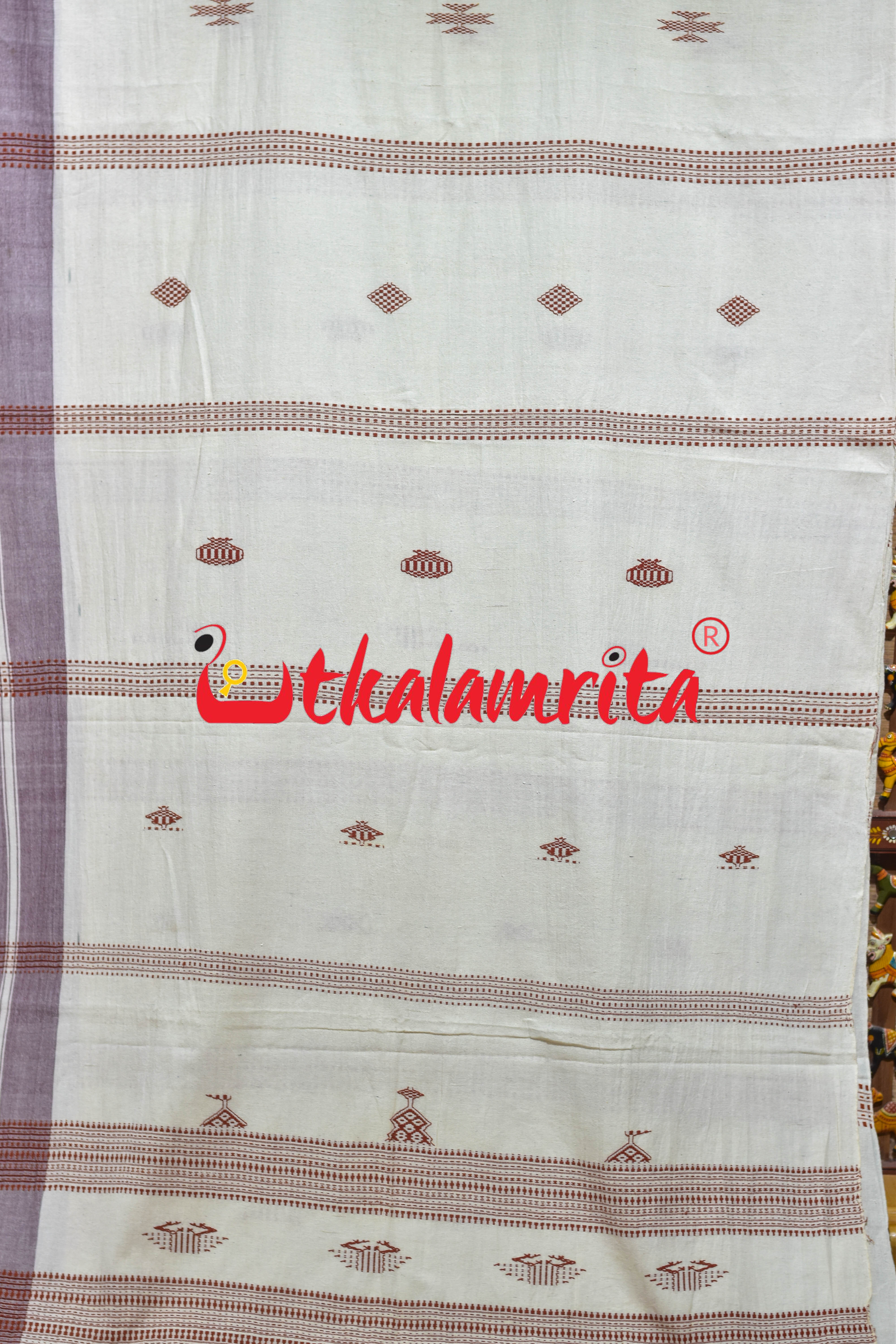 Off White Rust Adibasi Kotpad Cotton Saree