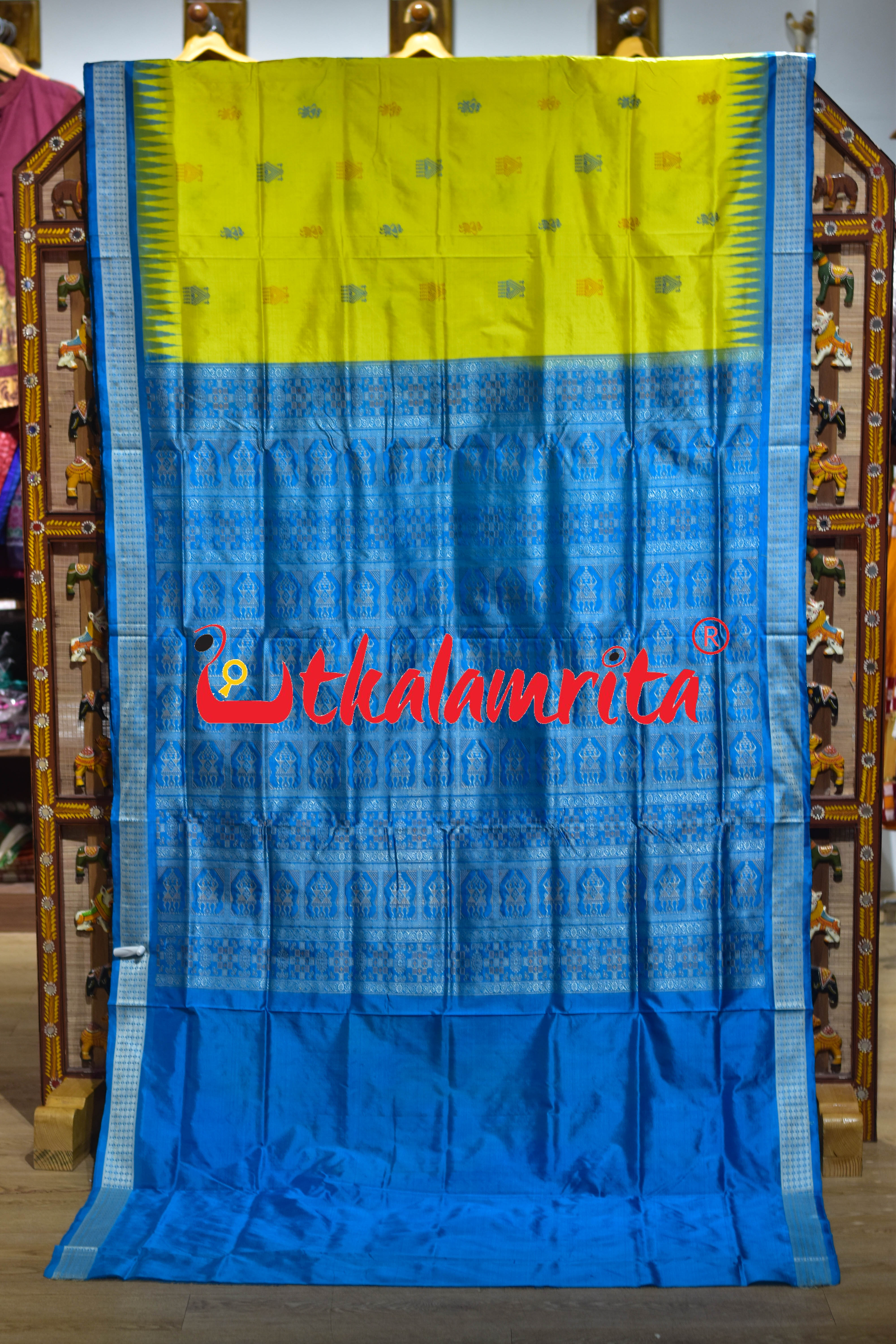 Lemon Yellow Blue Tribal Doll Bomkai Silk Saree