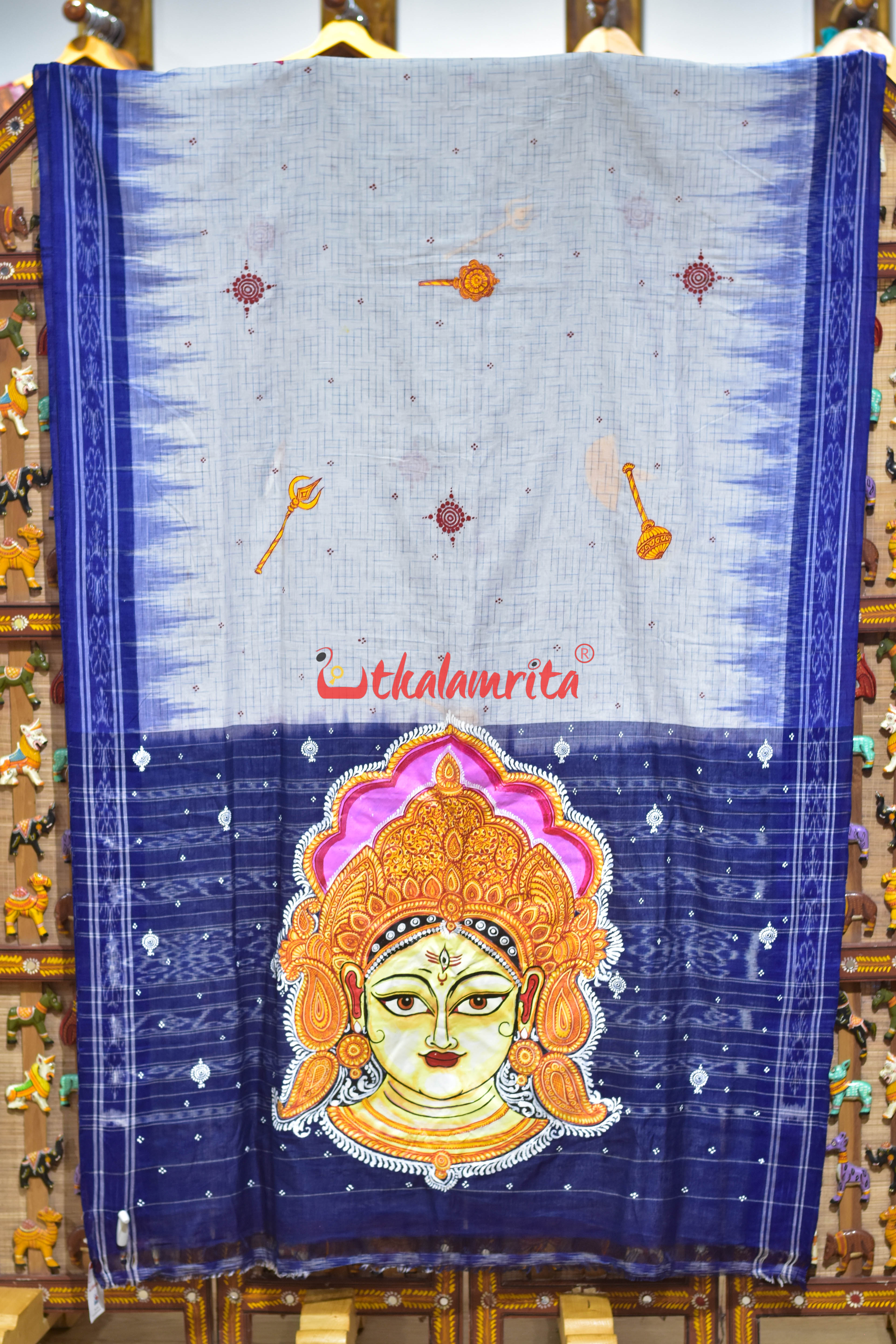 White Blue Jharana Durga Face Pattachitra Cotton Saree