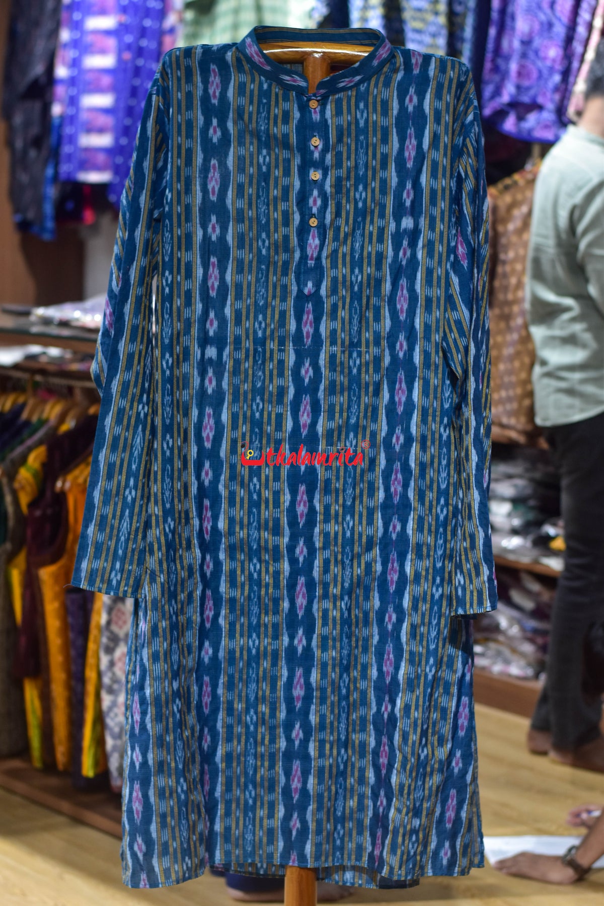 Teal Blue Red Flower Ikat (Men's Long Kurta)