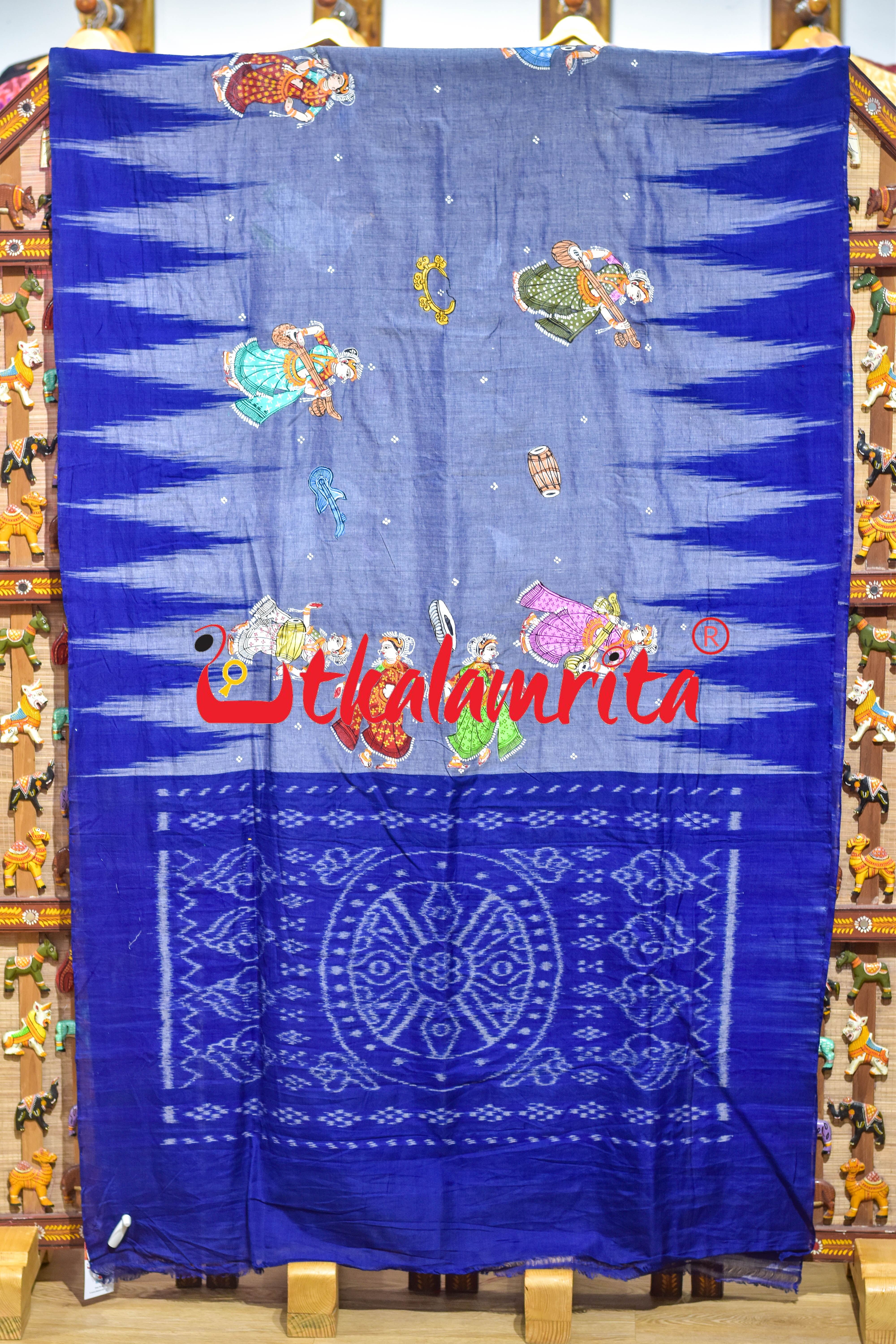 Grey Blue Kargil Musical Instruments Pattachitra Cotton Saree