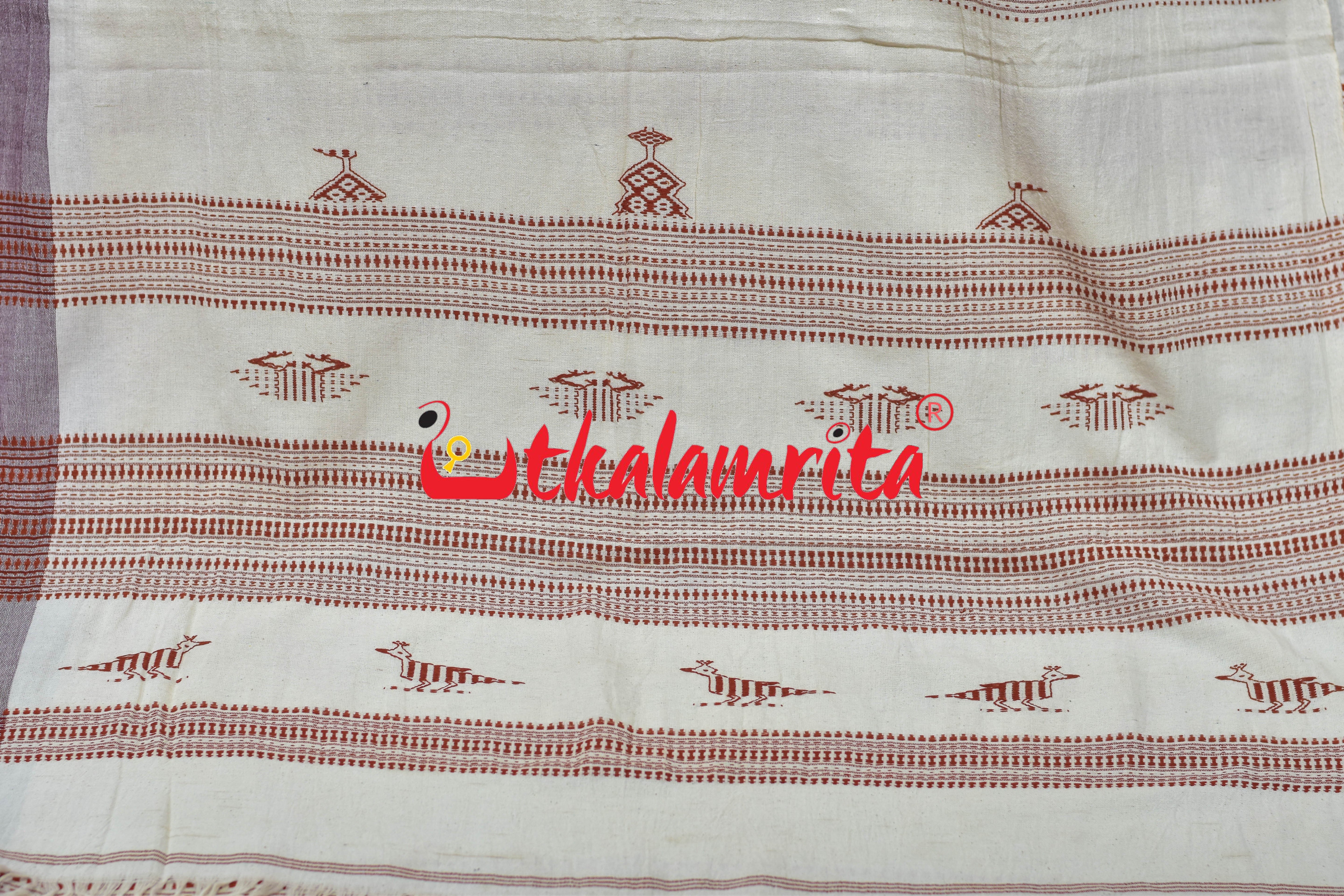 Off White Rust Adibasi Kotpad Cotton Saree