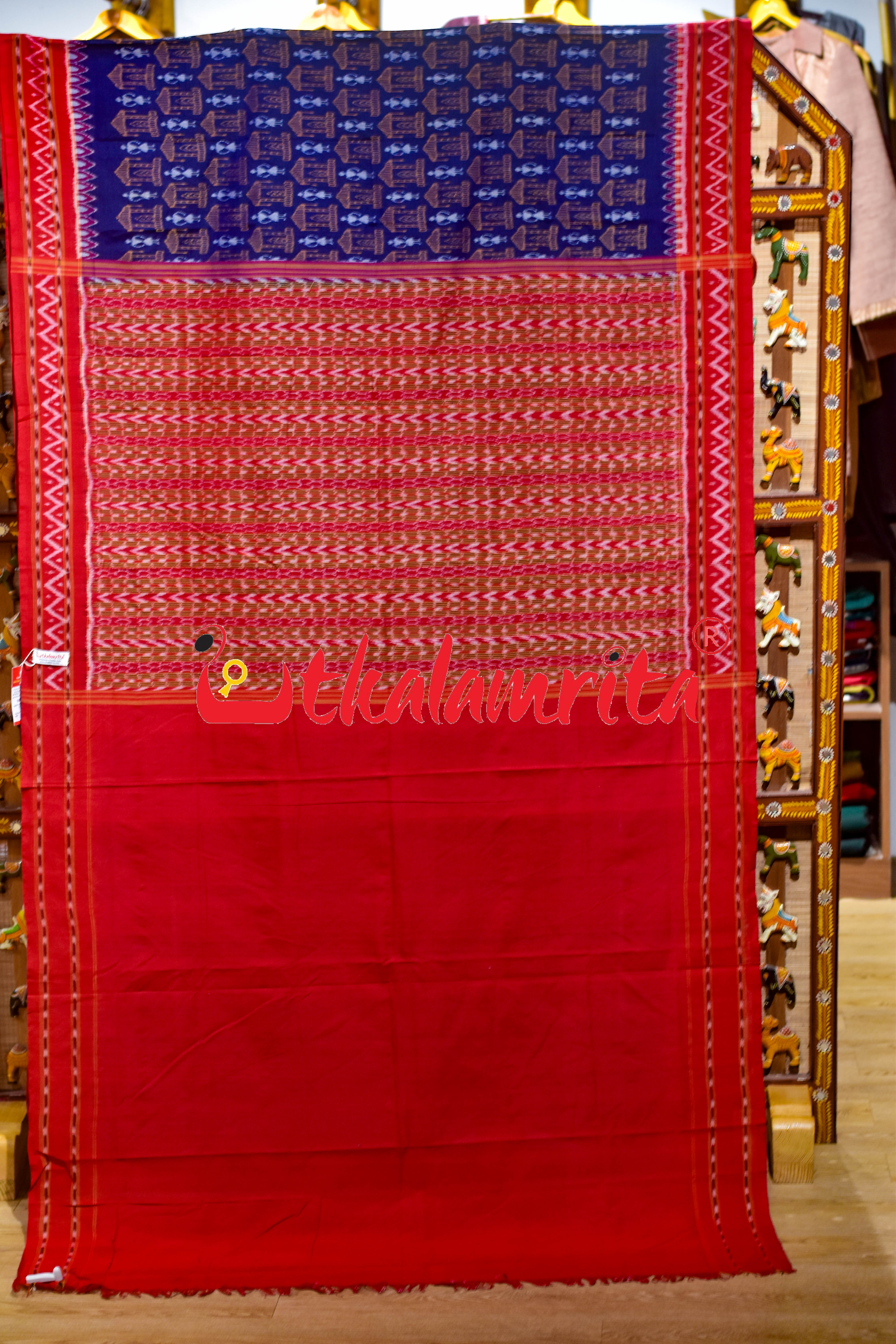 Tribal Blue Red Sambalpur Cotton Saree