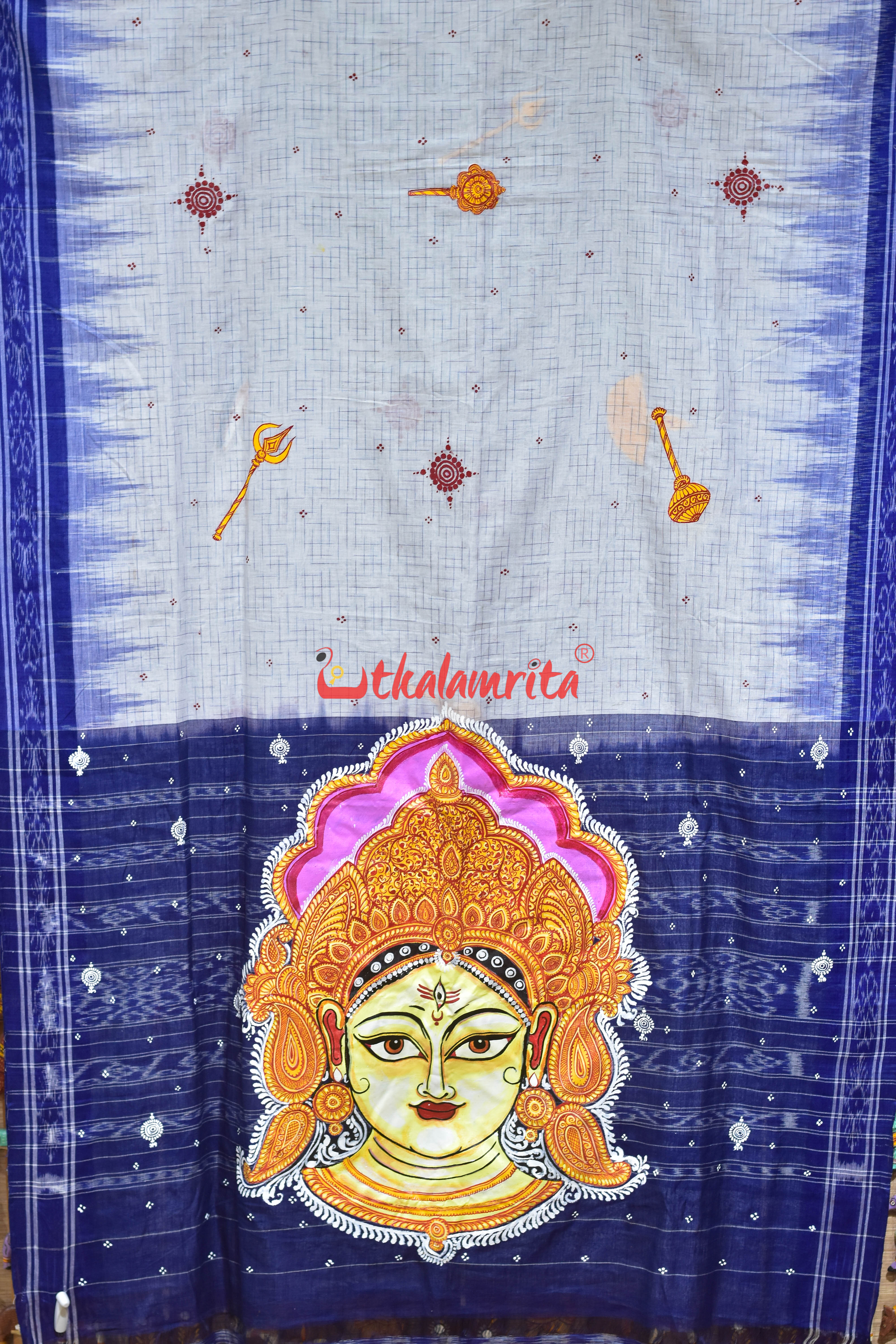 White Blue Jharana Durga Face Pattachitra Cotton Saree