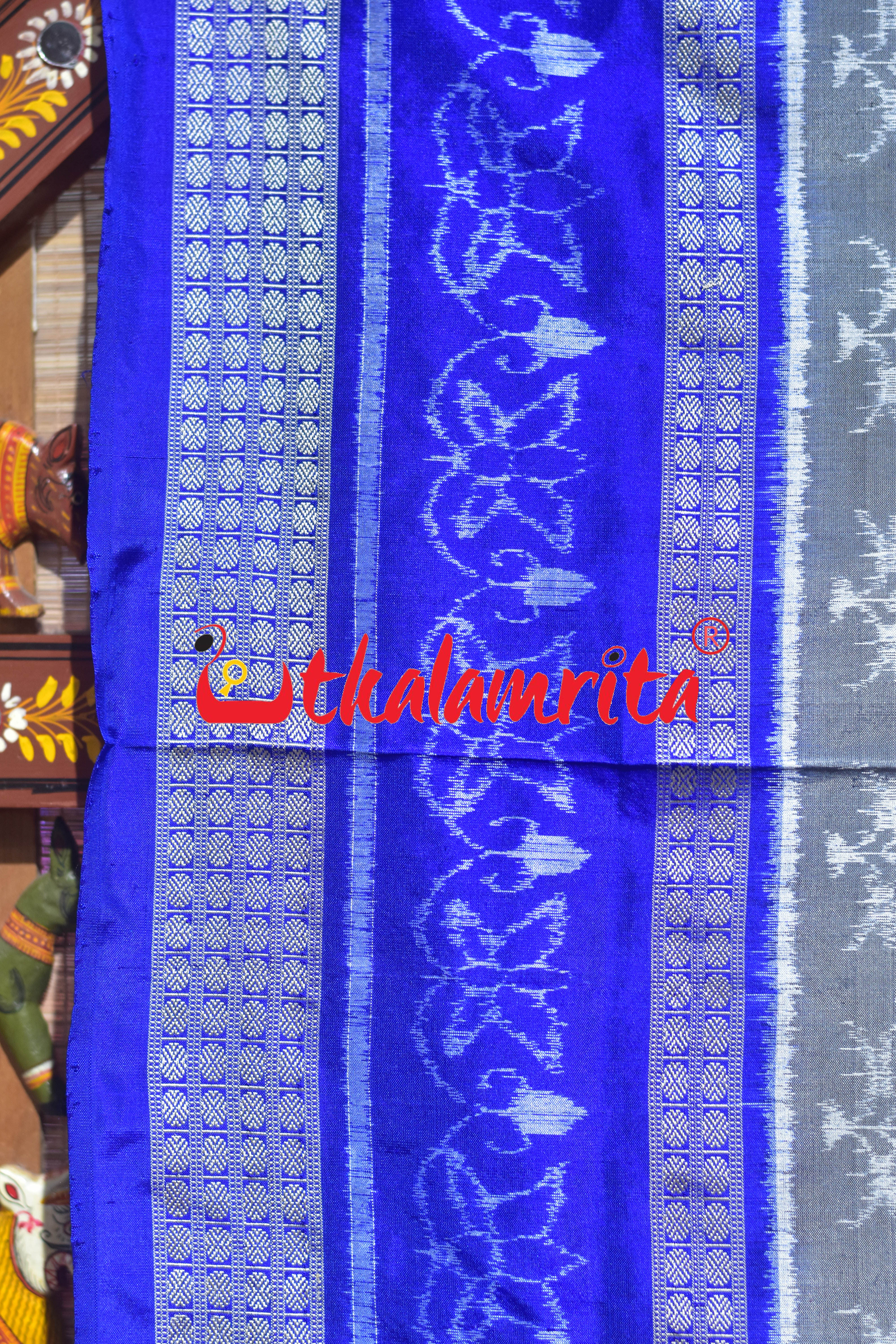Grey Blue Leaf Lotus Sambalpuri Silk Saree