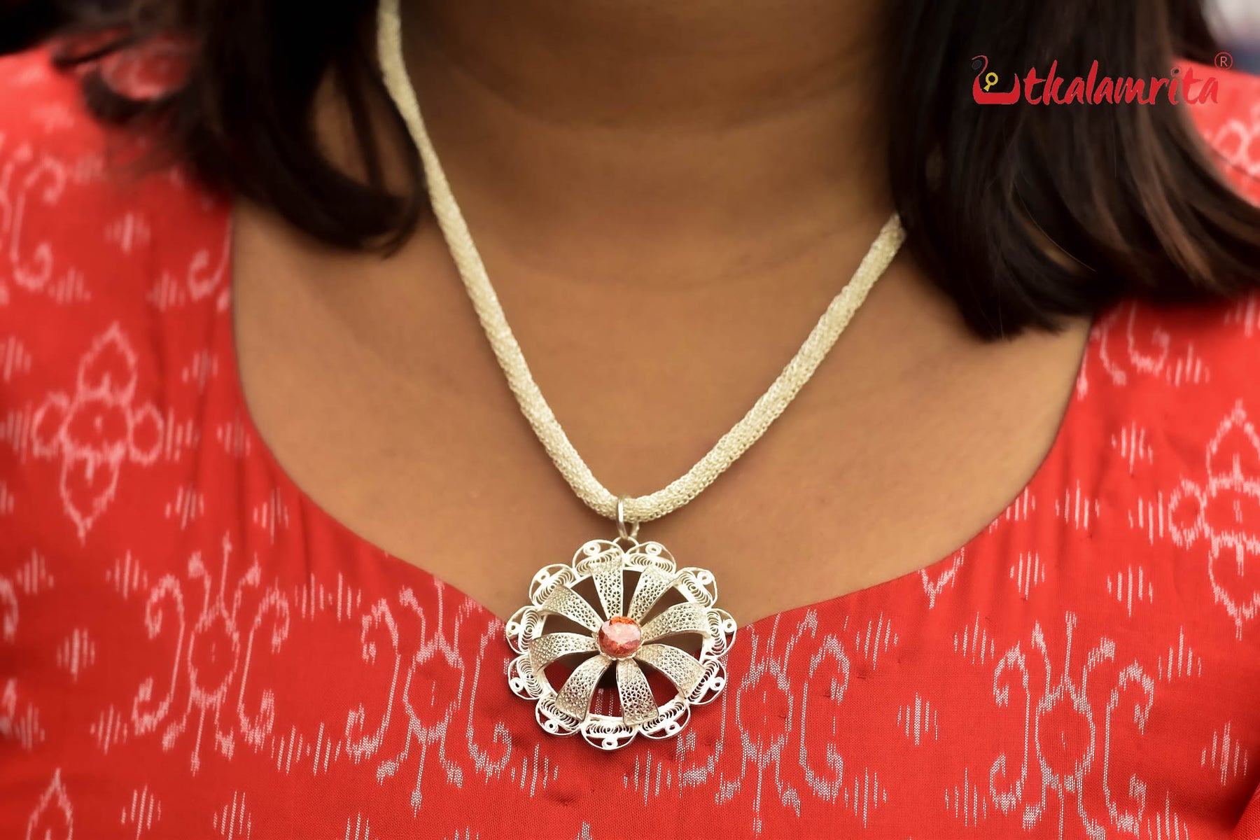 Silver Jala Necklace with Flower Pendant