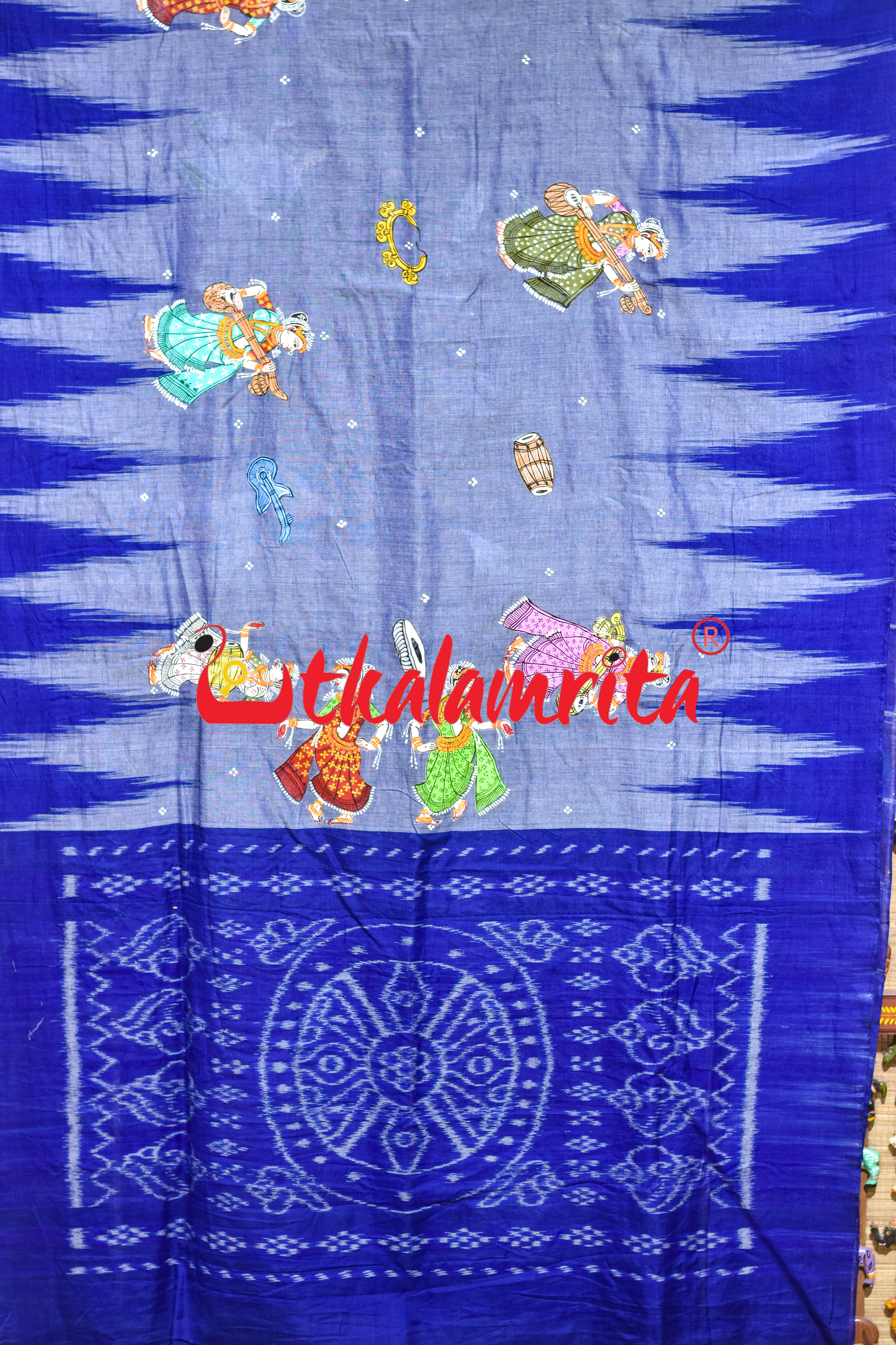 Grey Blue Kargil Musical Instruments Pattachitra Cotton Saree