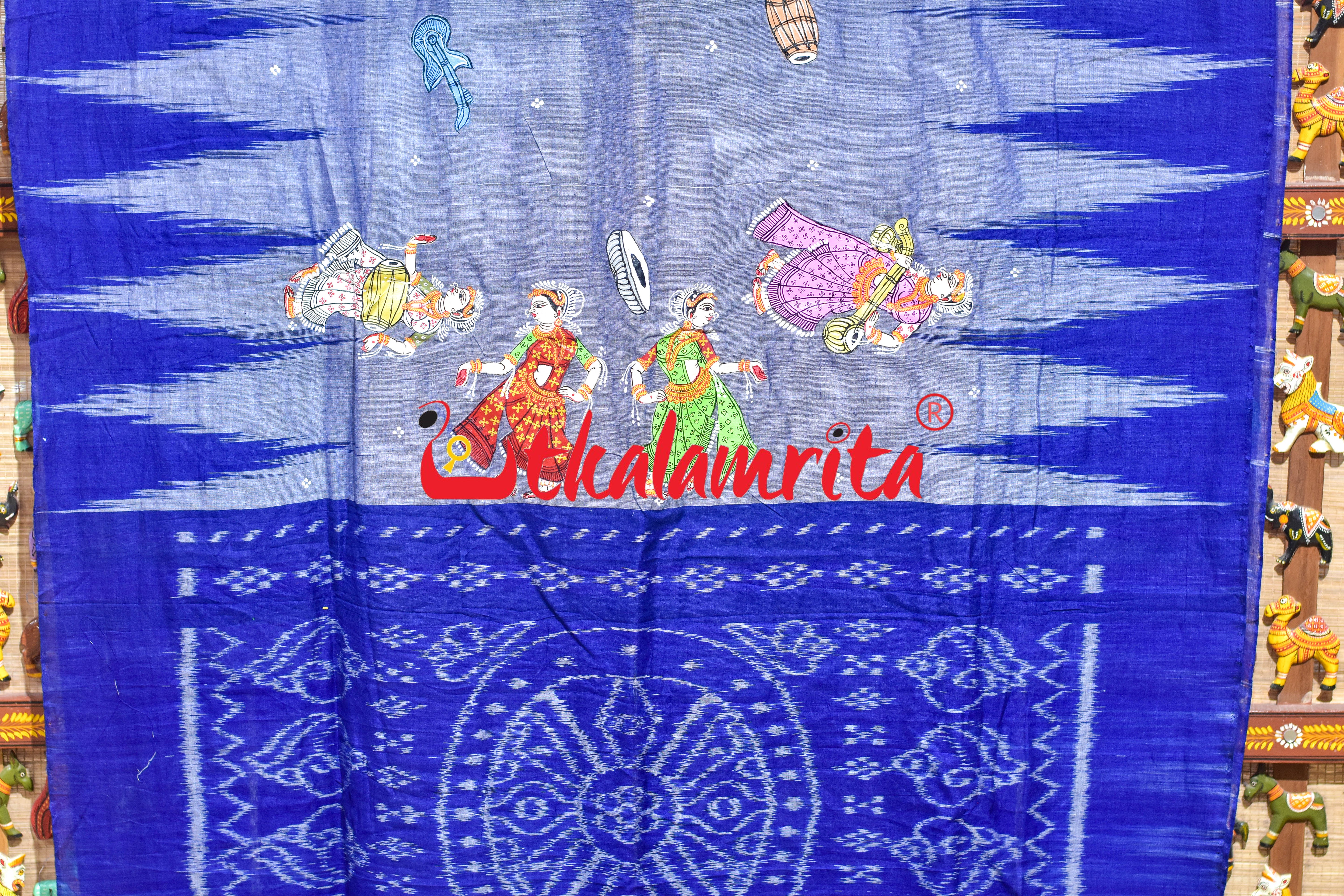 Grey Blue Kargil Musical Instruments Pattachitra Cotton Saree