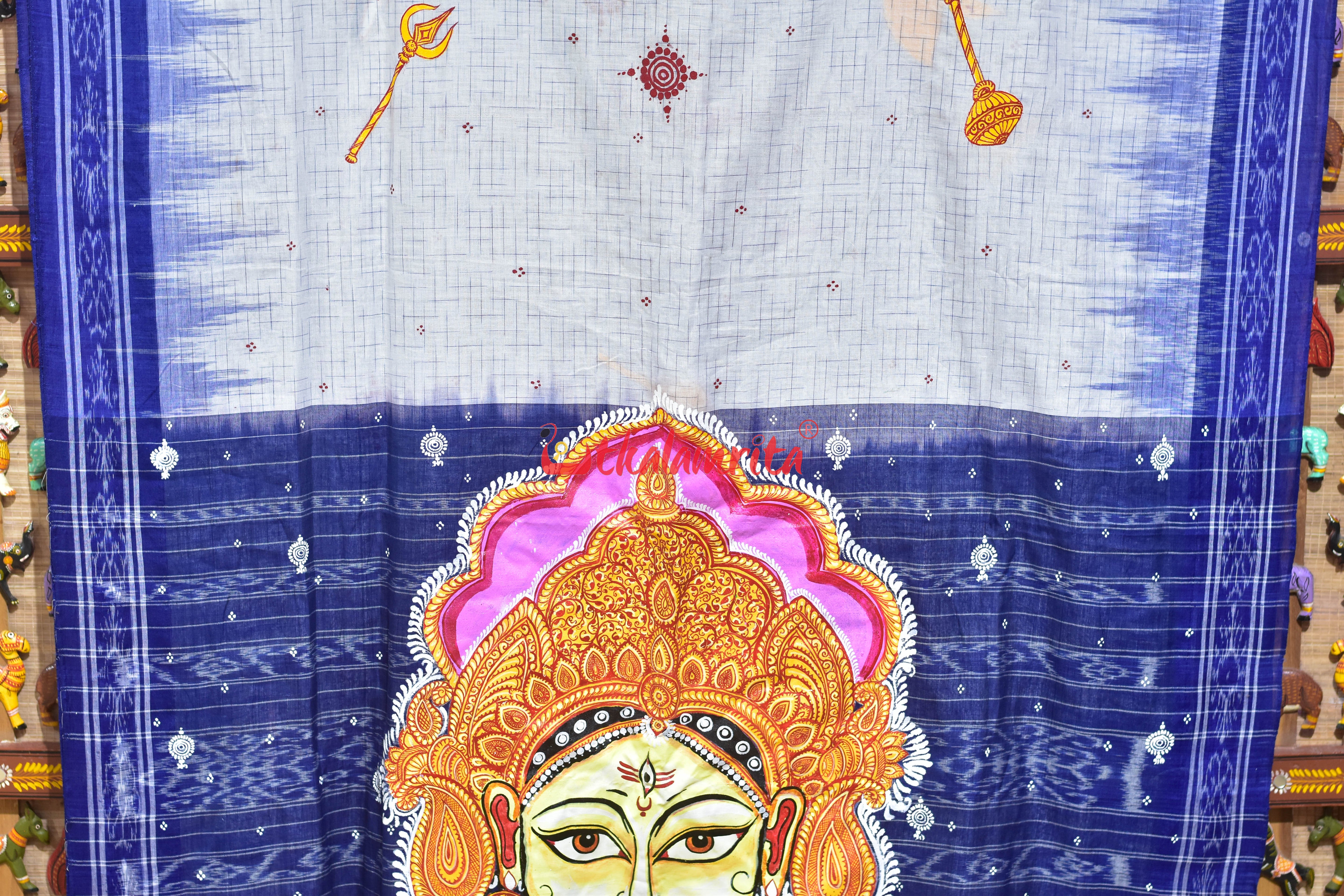 White Blue Jharana Durga Face Pattachitra Cotton Saree
