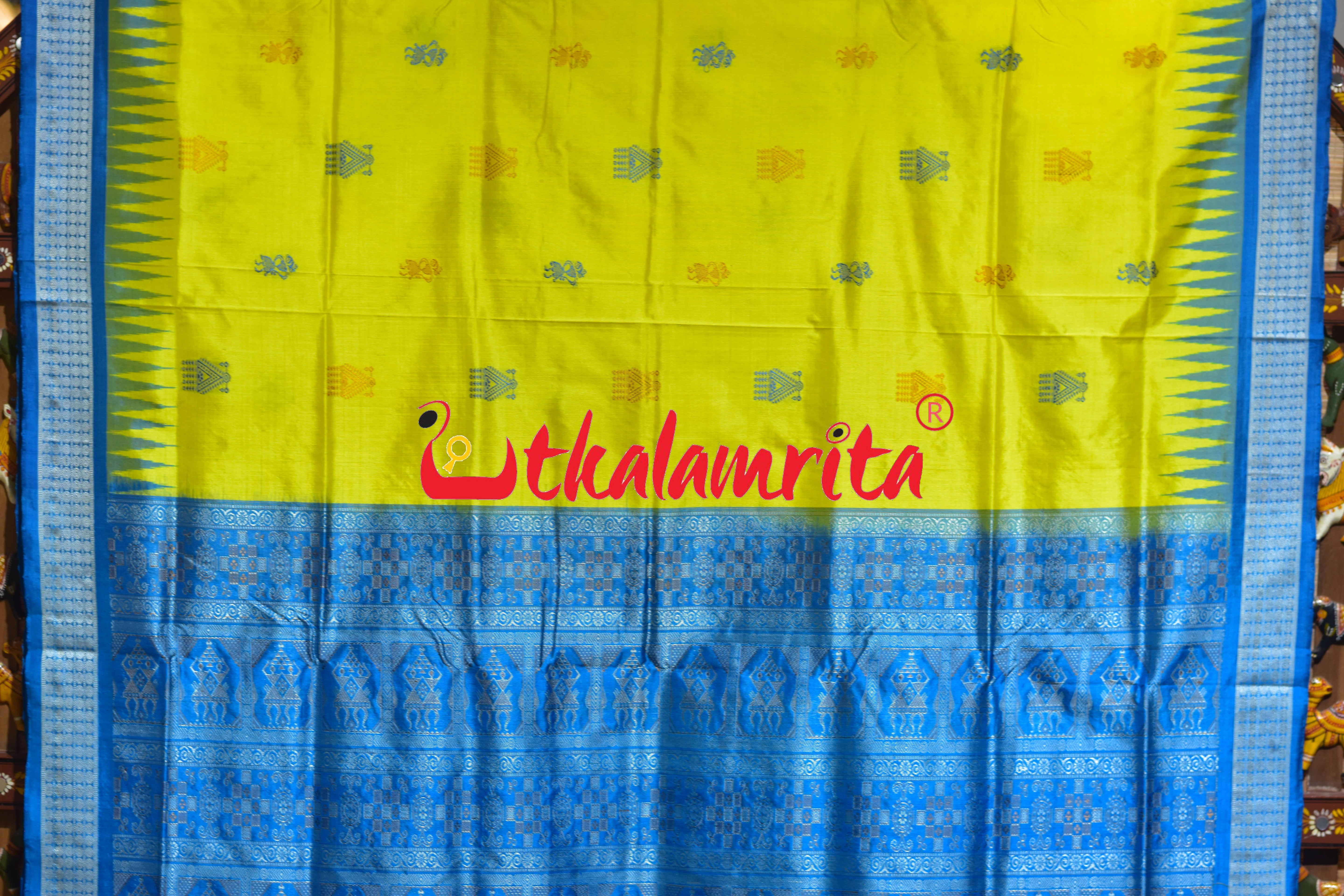 Lemon Yellow Blue Tribal Doll Bomkai Silk Saree