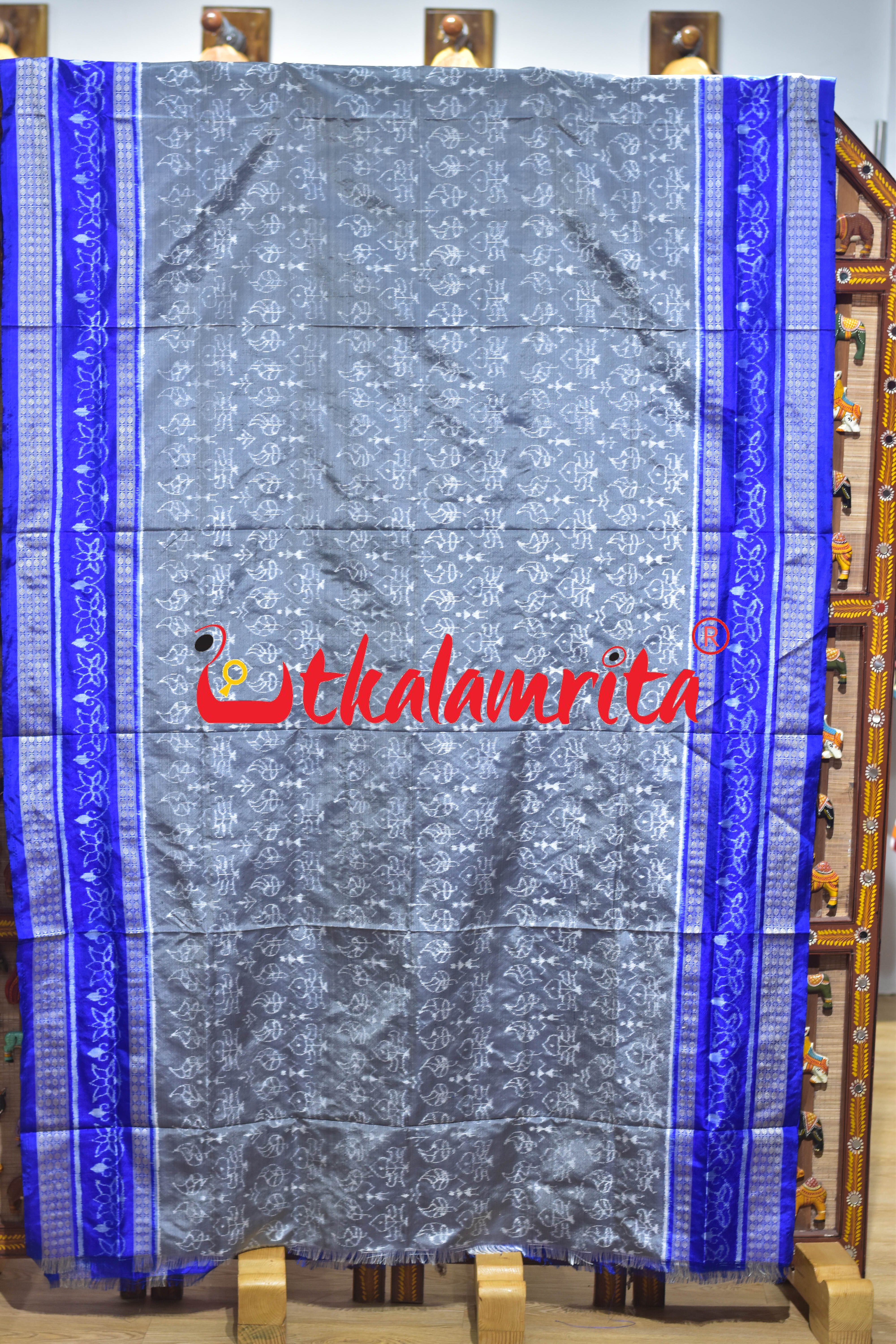 Grey Blue Leaf Lotus Sambalpuri Silk Saree