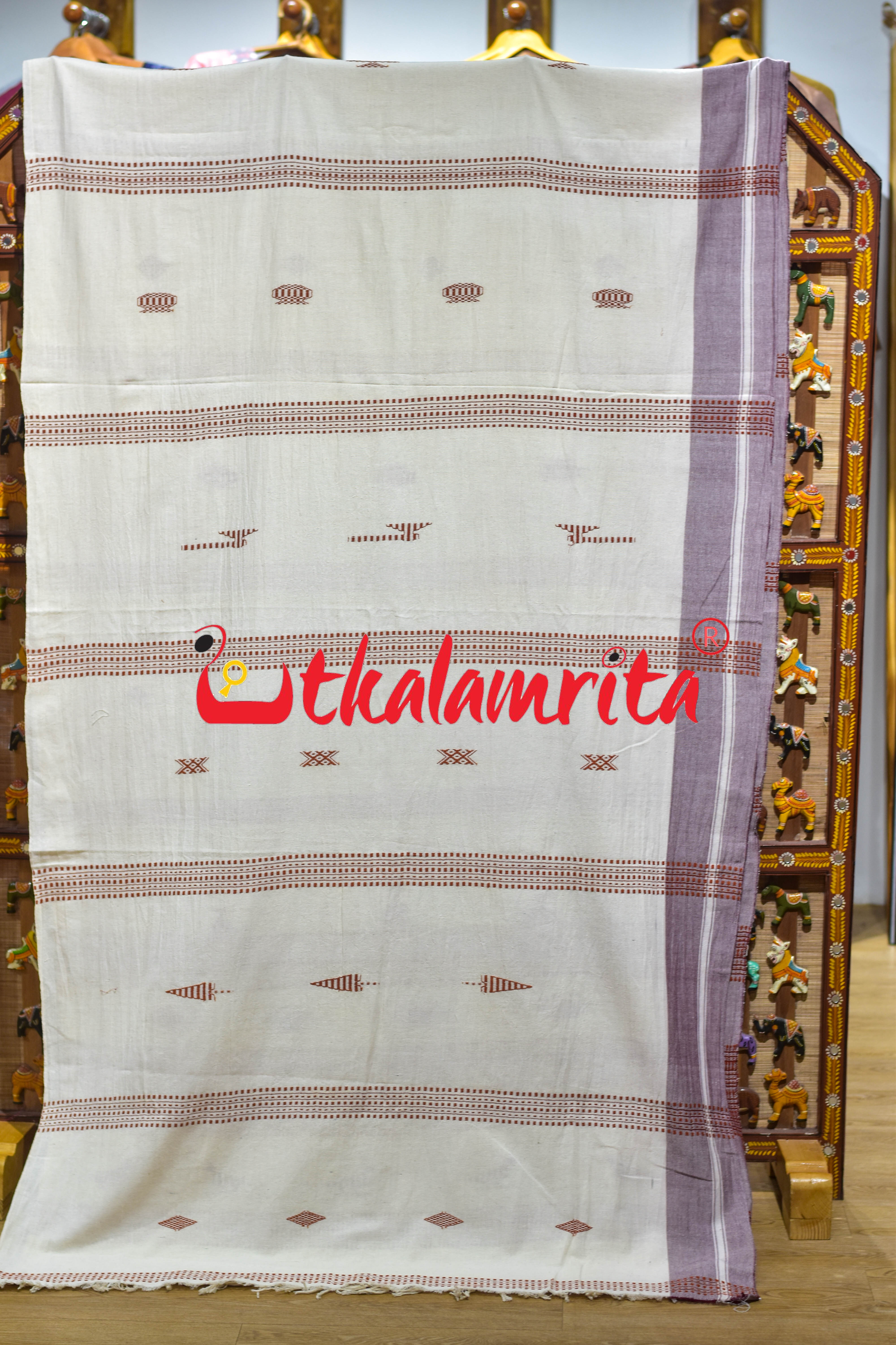 Off White Rust Adibasi Kotpad Cotton Saree