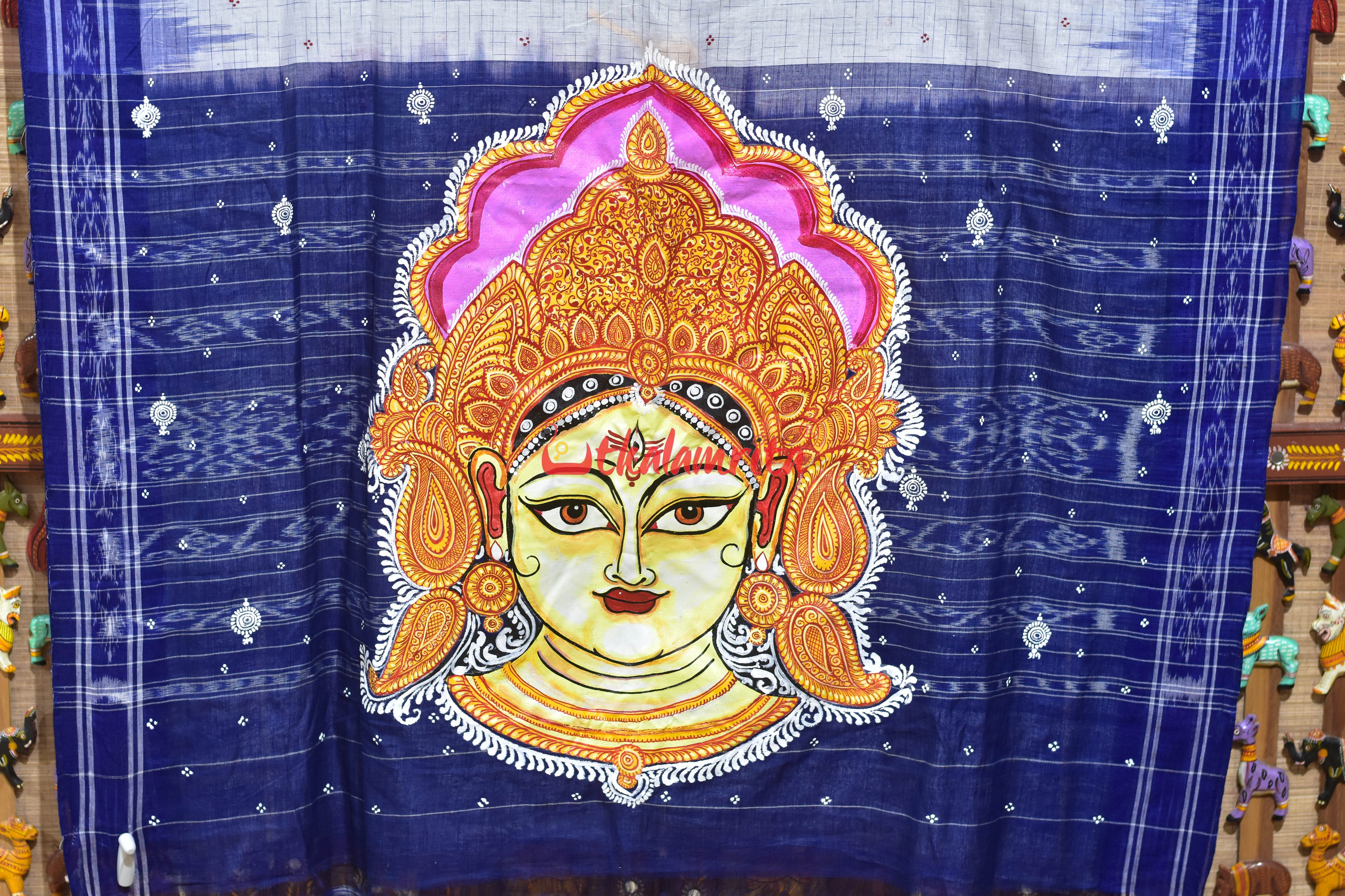 White Blue Jharana Durga Face Pattachitra Cotton Saree
