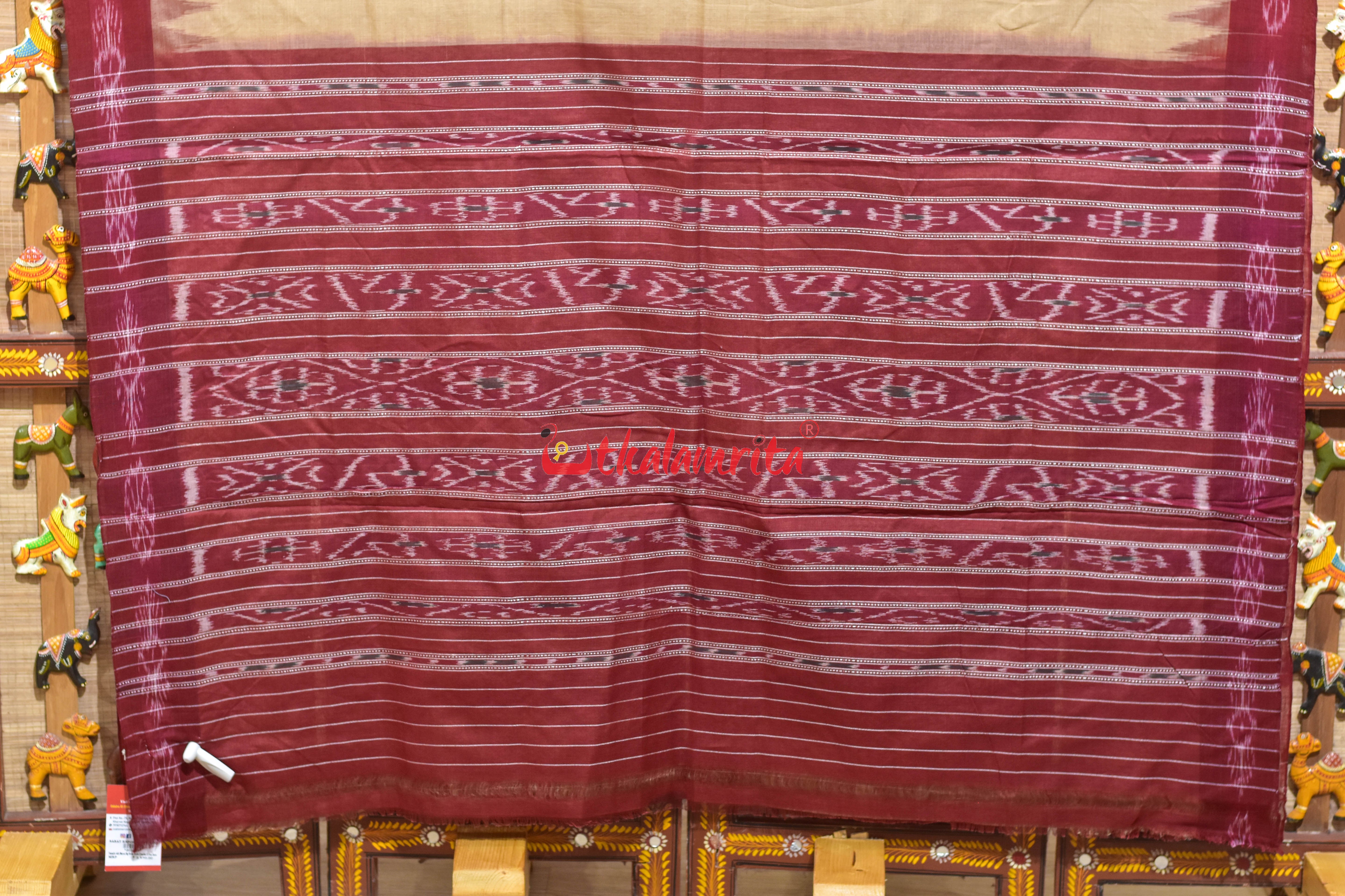 Tussarite with Maroon Big Flower Border Khandua Cotton Saree