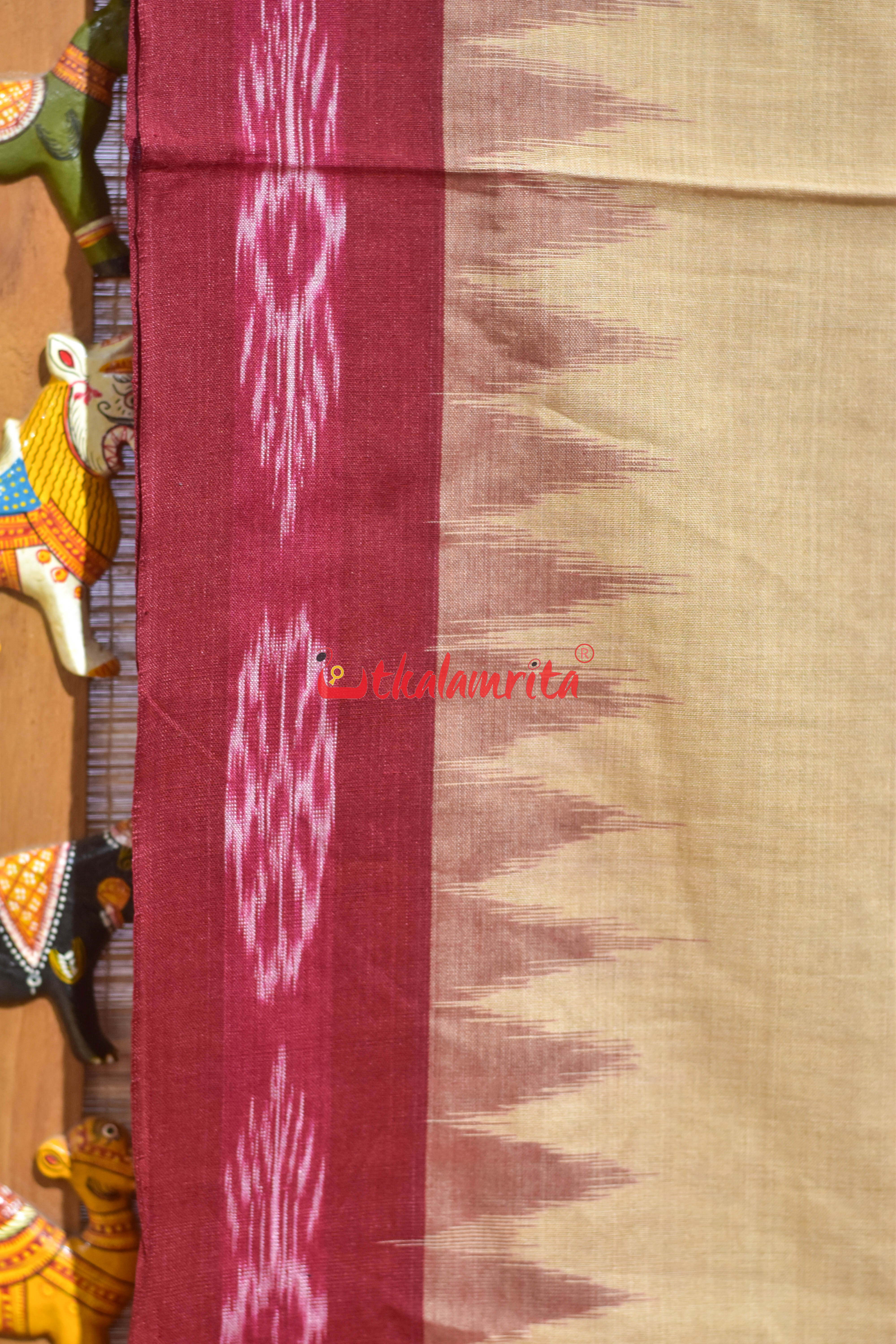 Tussarite with Maroon Big Flower Border Khandua Cotton Saree