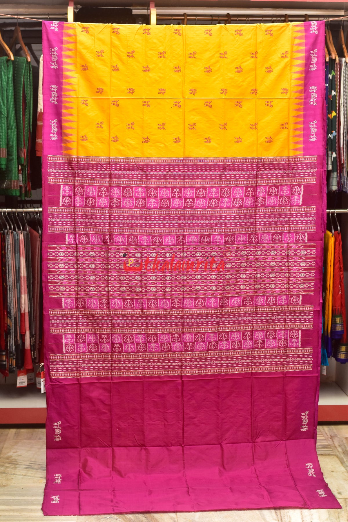 Yellow Sabari Magenta Bomkai Silk Saree