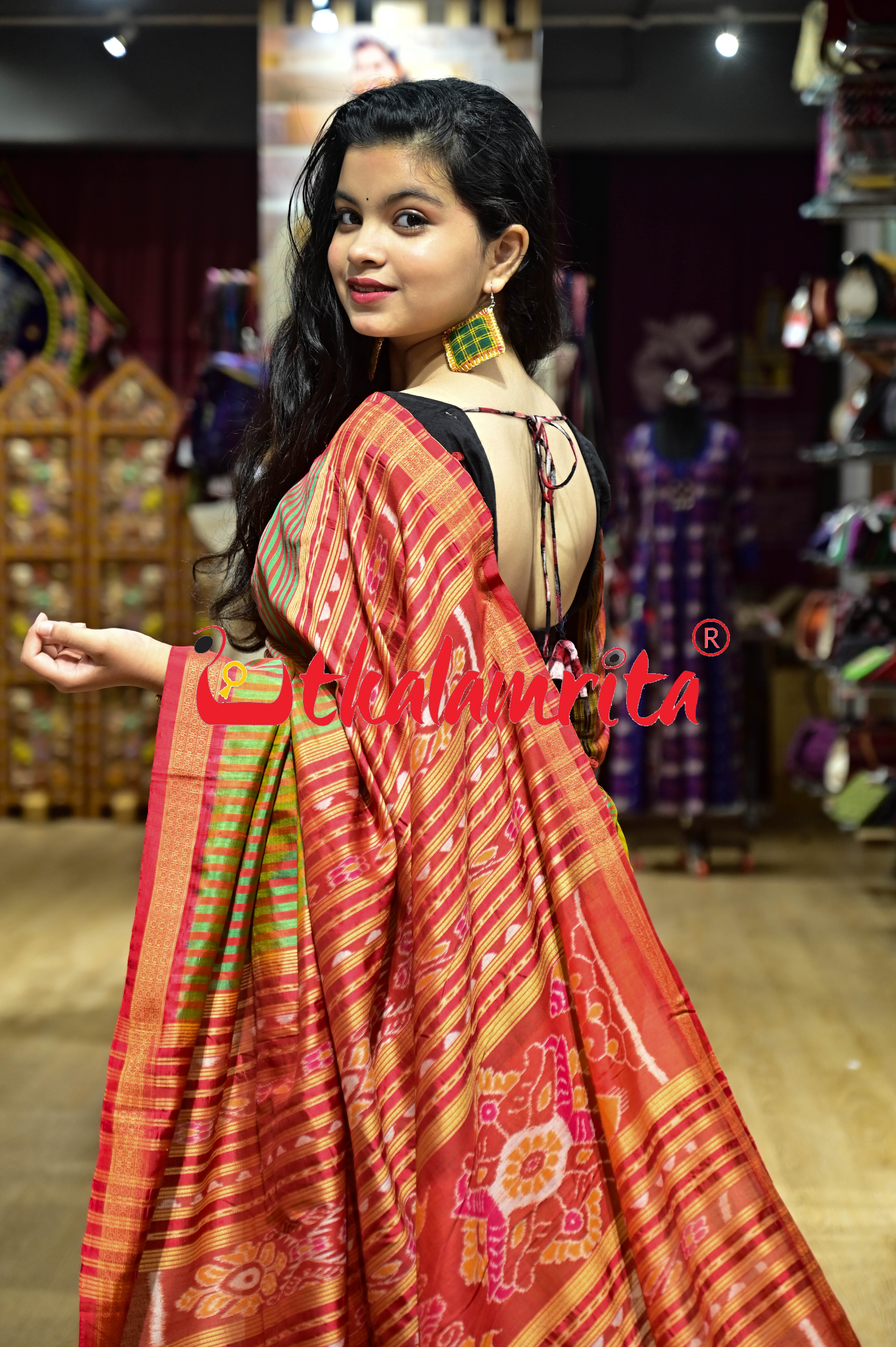 Green Red Stripes Khandua Silk Saree