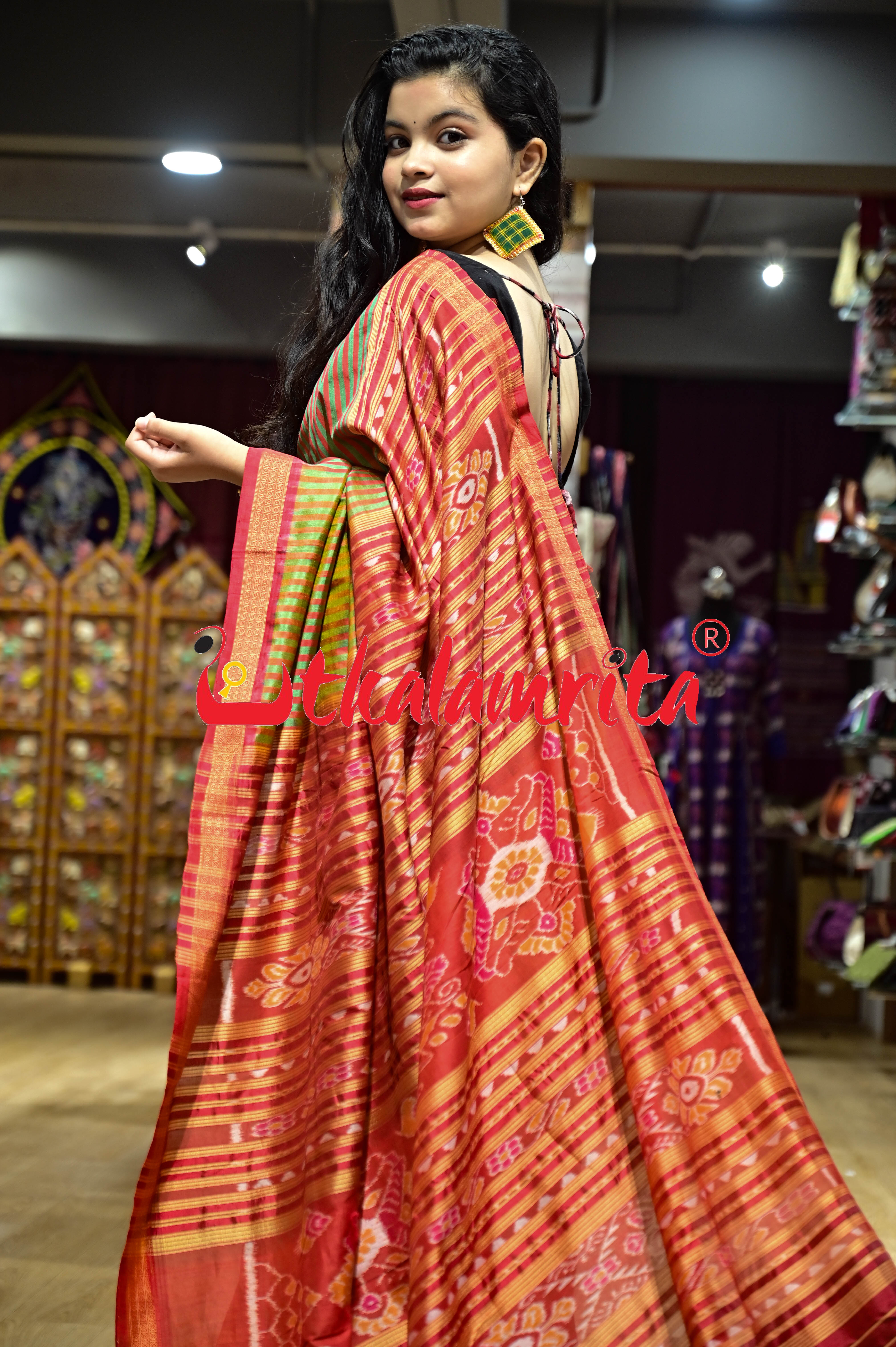 Green Red Stripes Khandua Silk Saree