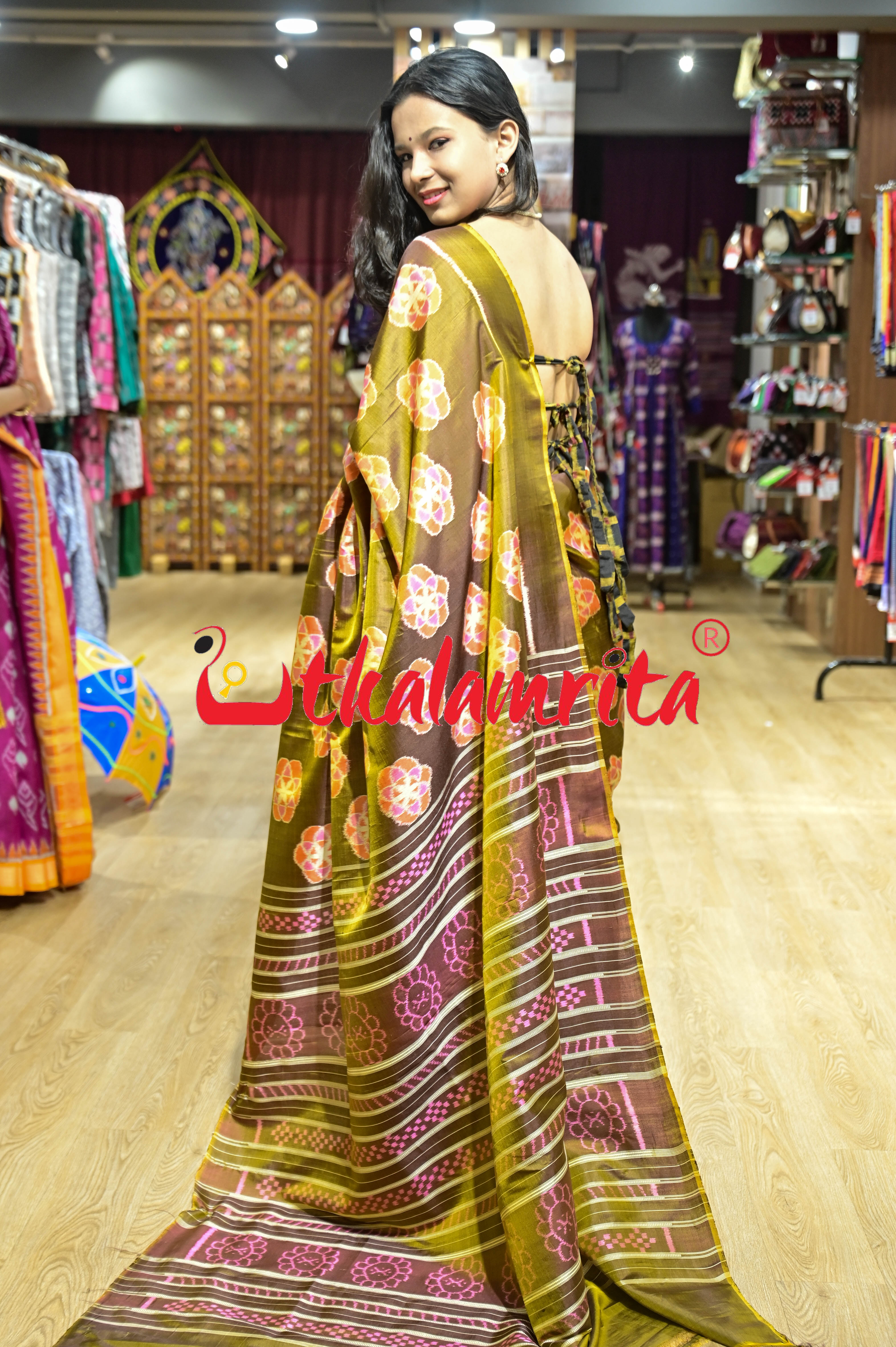 Bronze Orange Phula Jhoti Khandua Silk Saree