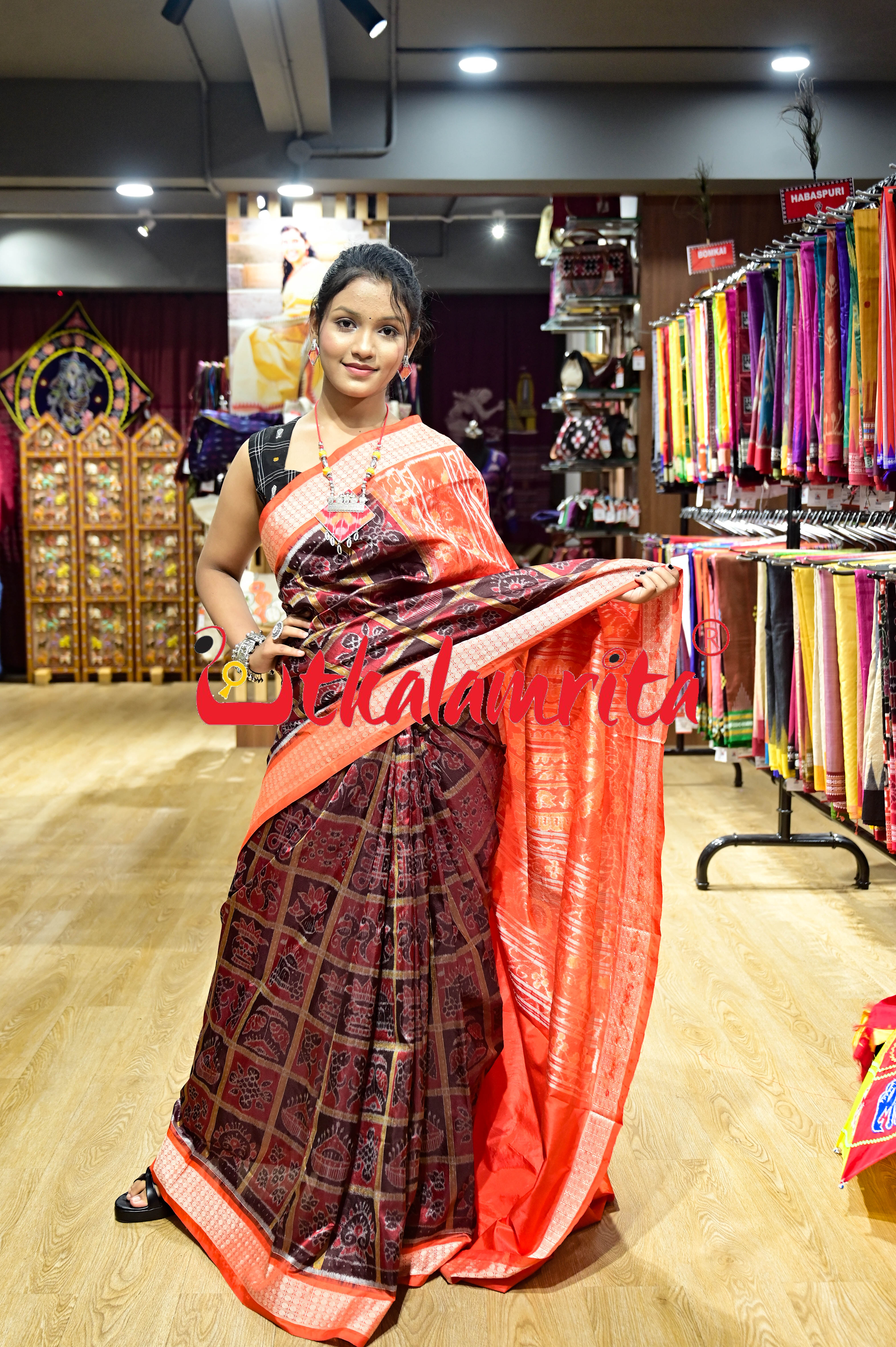 Coffee Maroon Orange Dhadi Nabakothi Silk Saree