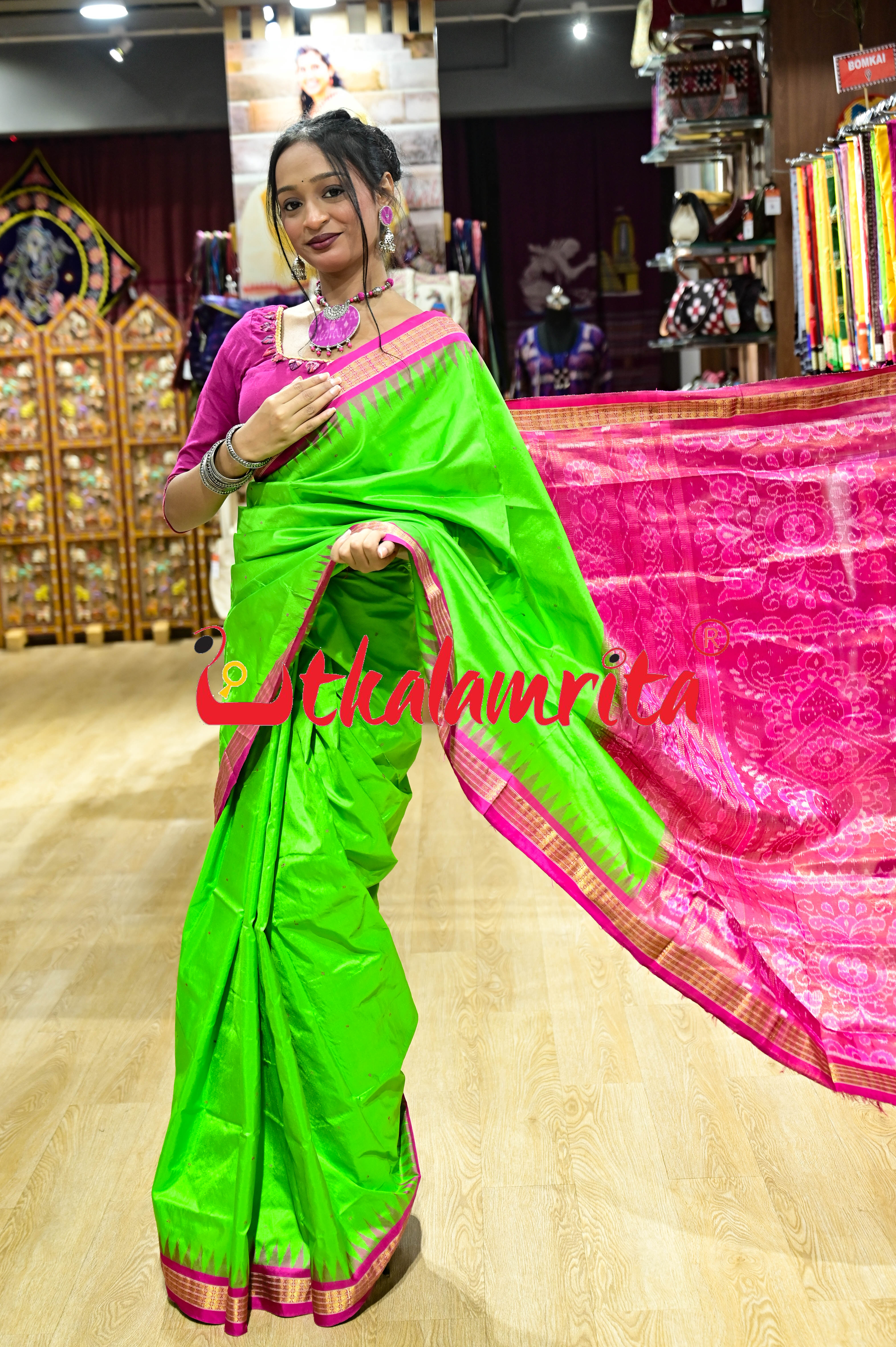 Green Pink Half Tissue Sambalpuri Silk Saree