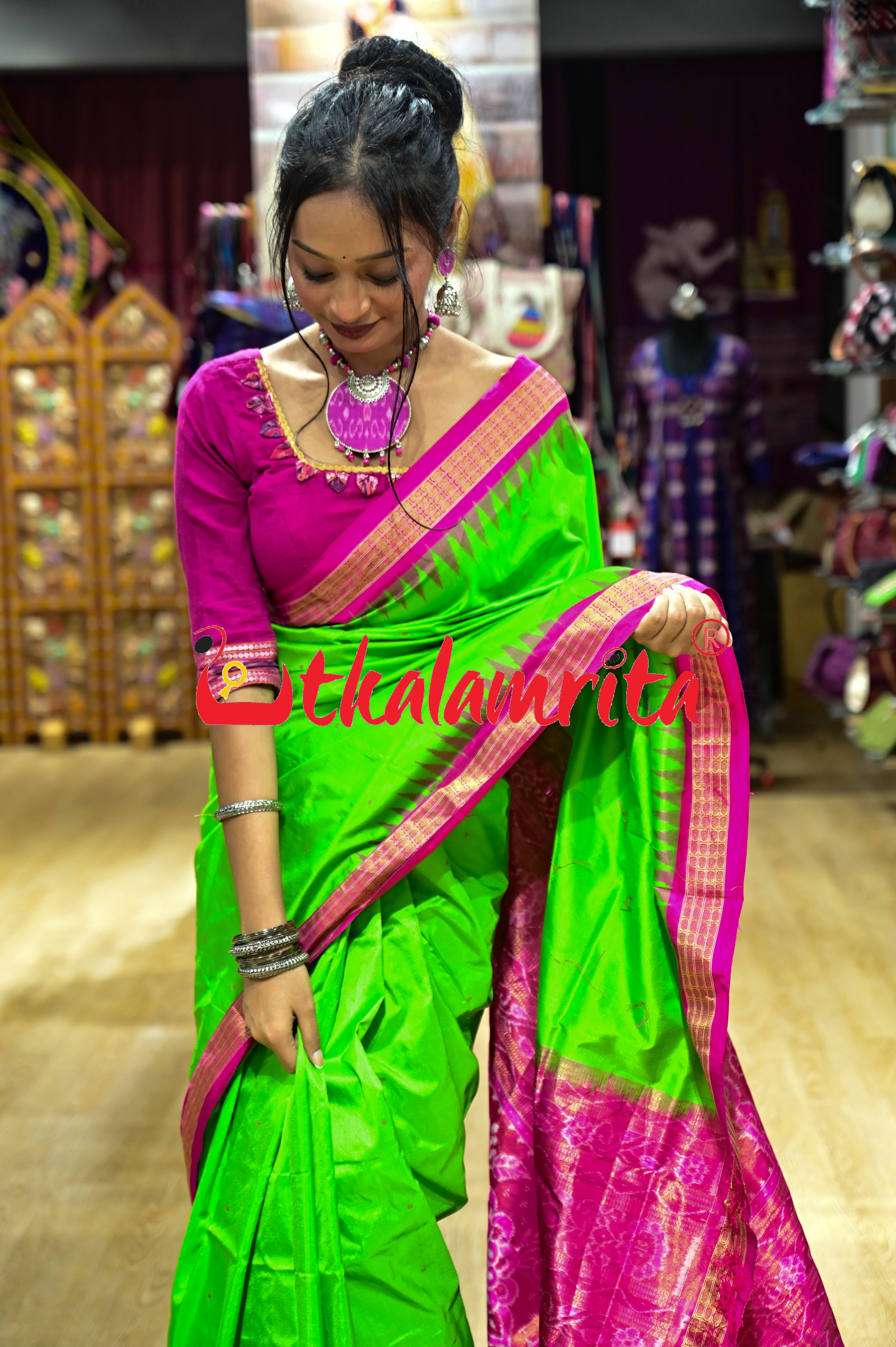 Green Pink Half Tissue Sambalpuri Silk Saree