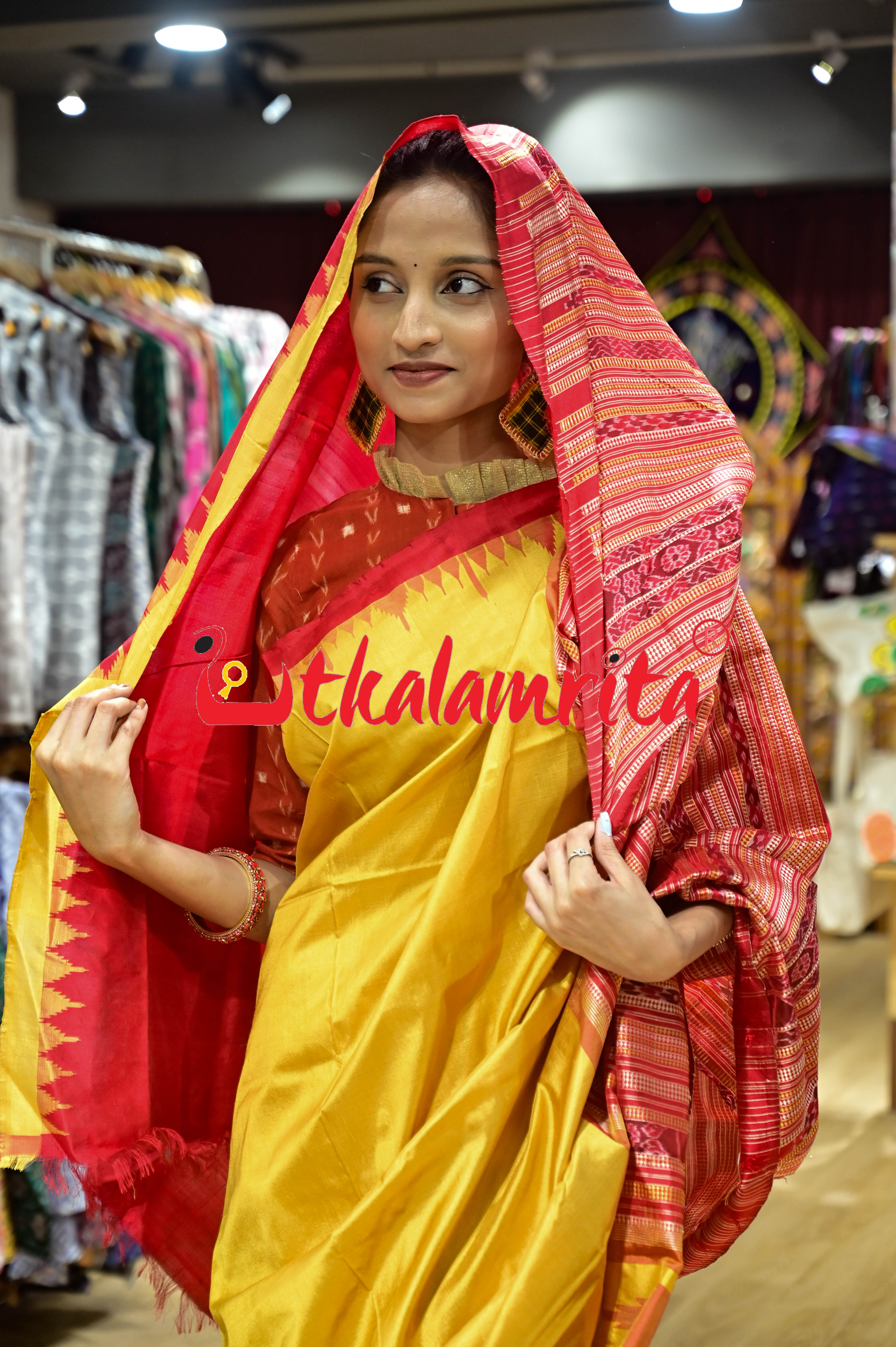 Mustard Red Hata Kumbha Sambalpuri Silk Saree