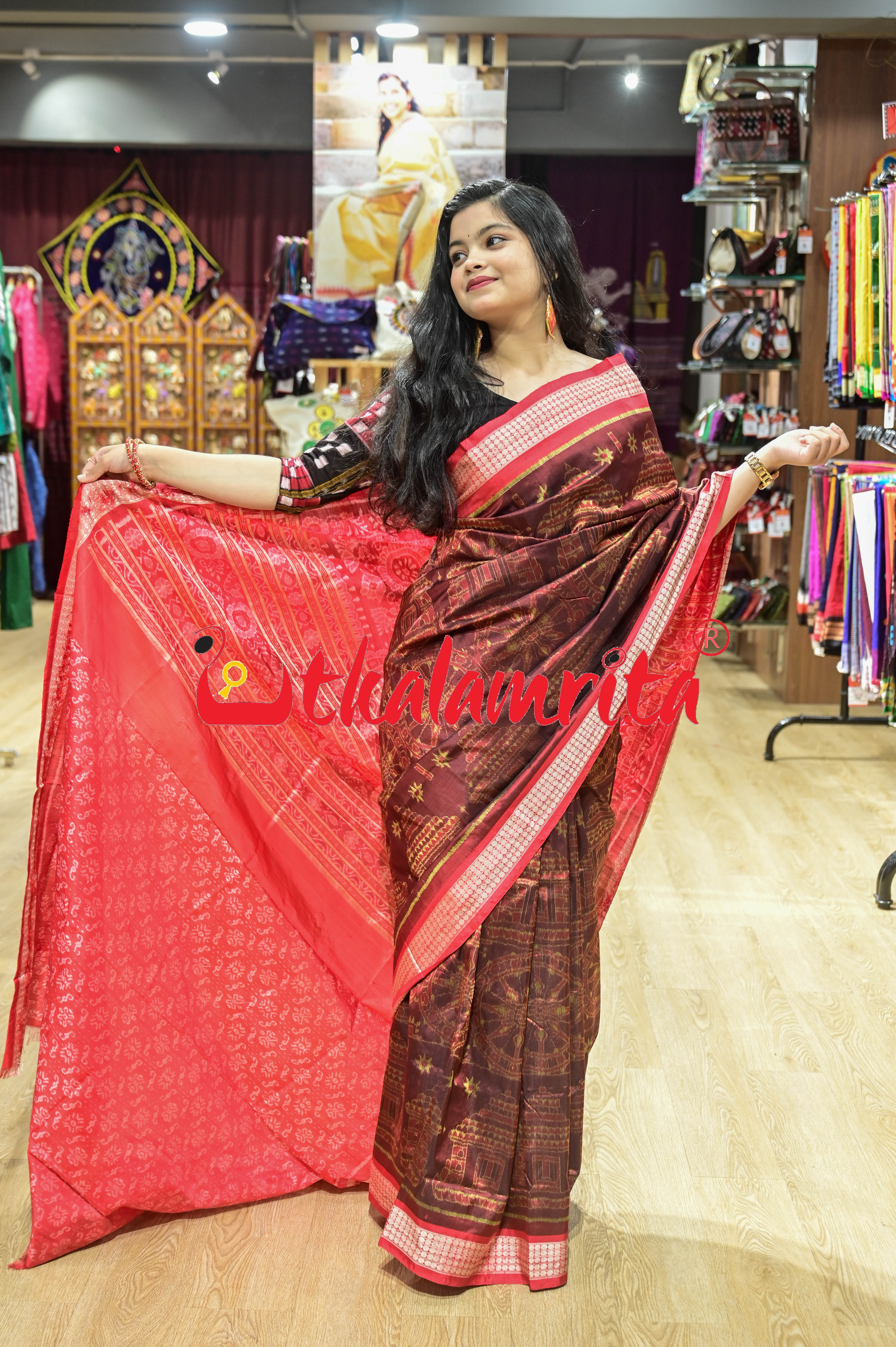 Coffee Red Konark Temple Sambalpuri Silk Saree