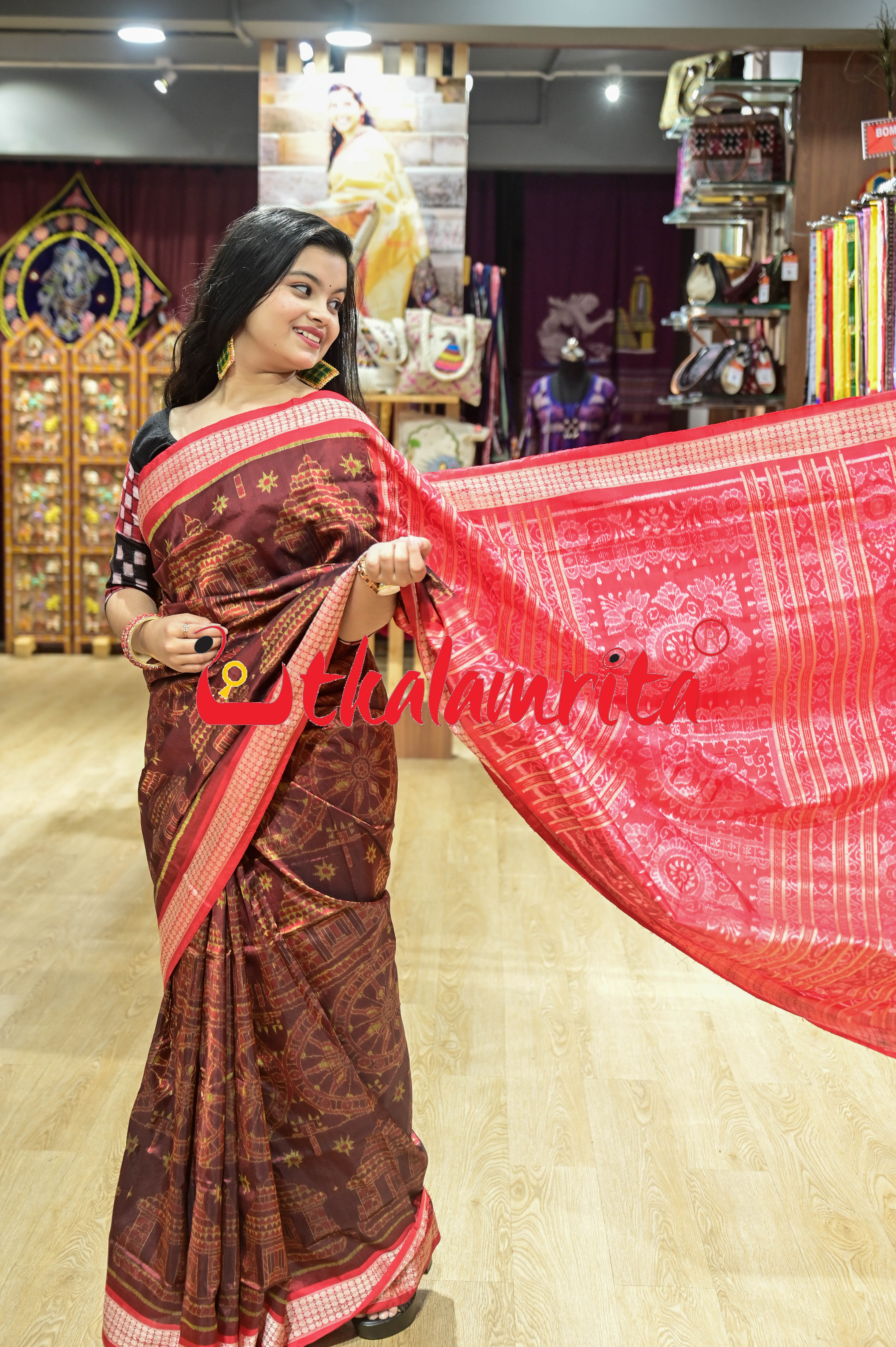 Coffee Red Konark Temple Sambalpuri Silk Saree