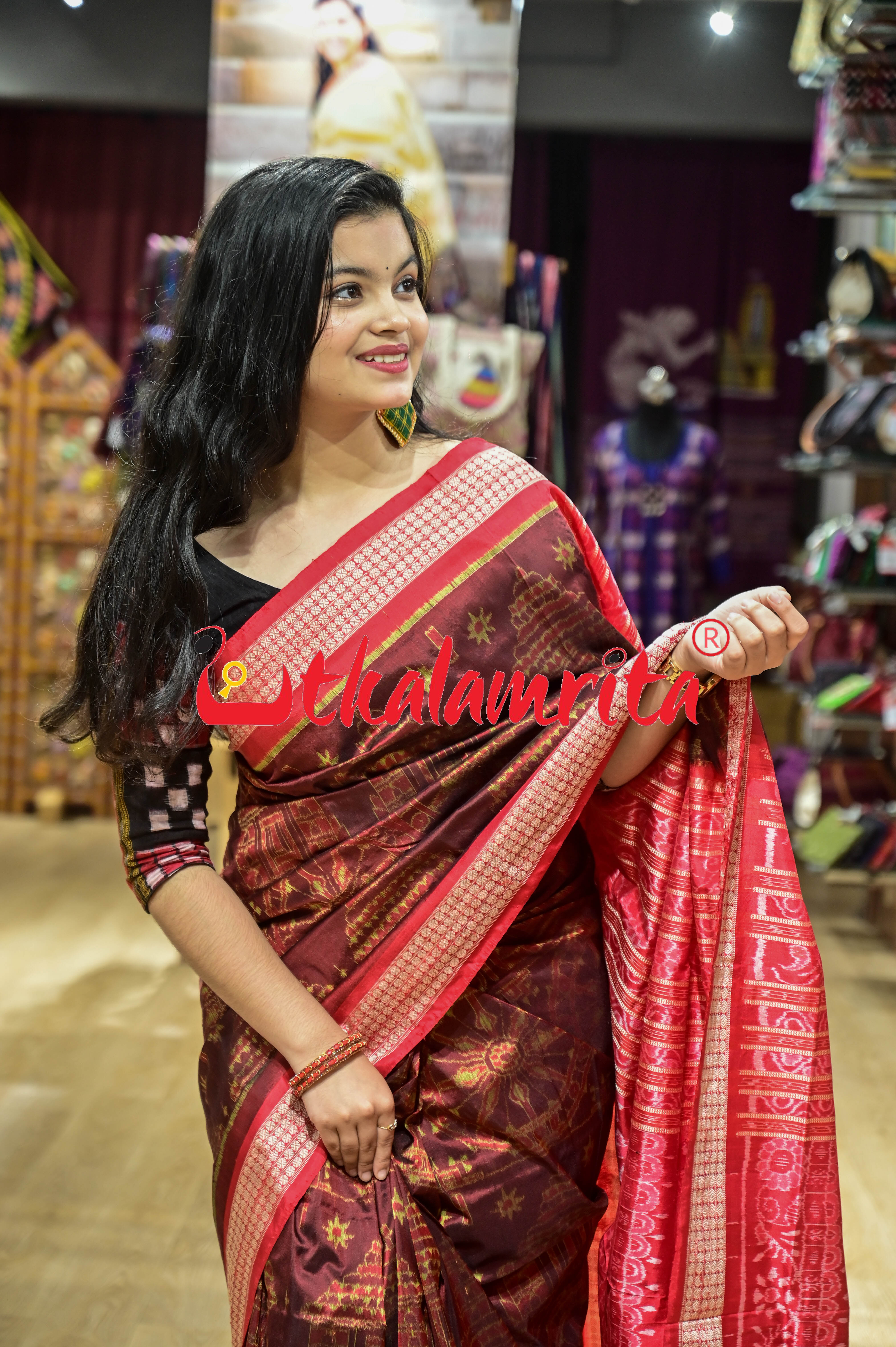 Coffee Red Konark Temple Sambalpuri Silk Saree