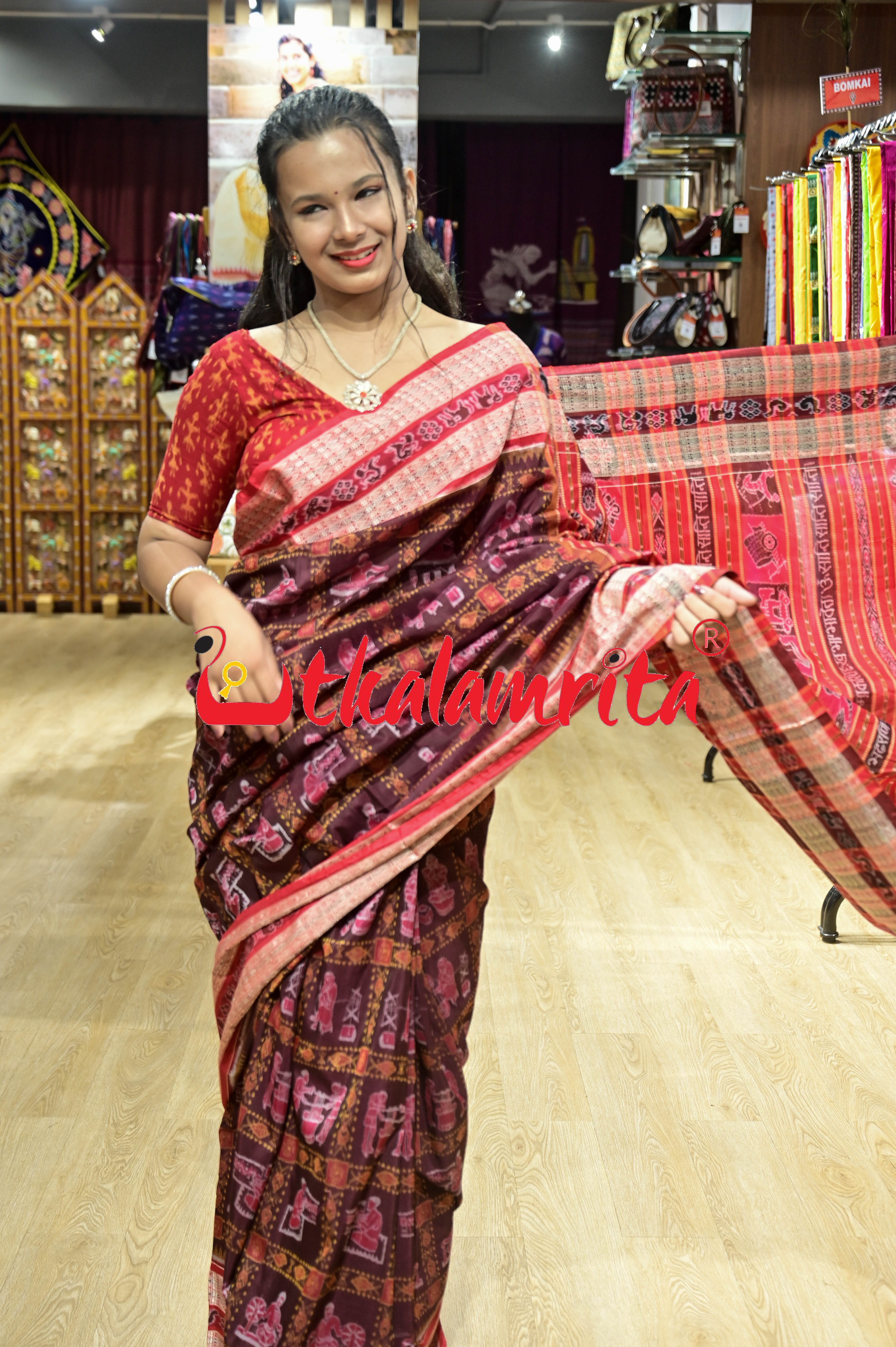 Coffee Red Tantasala Sambalpuri Bapta Saree