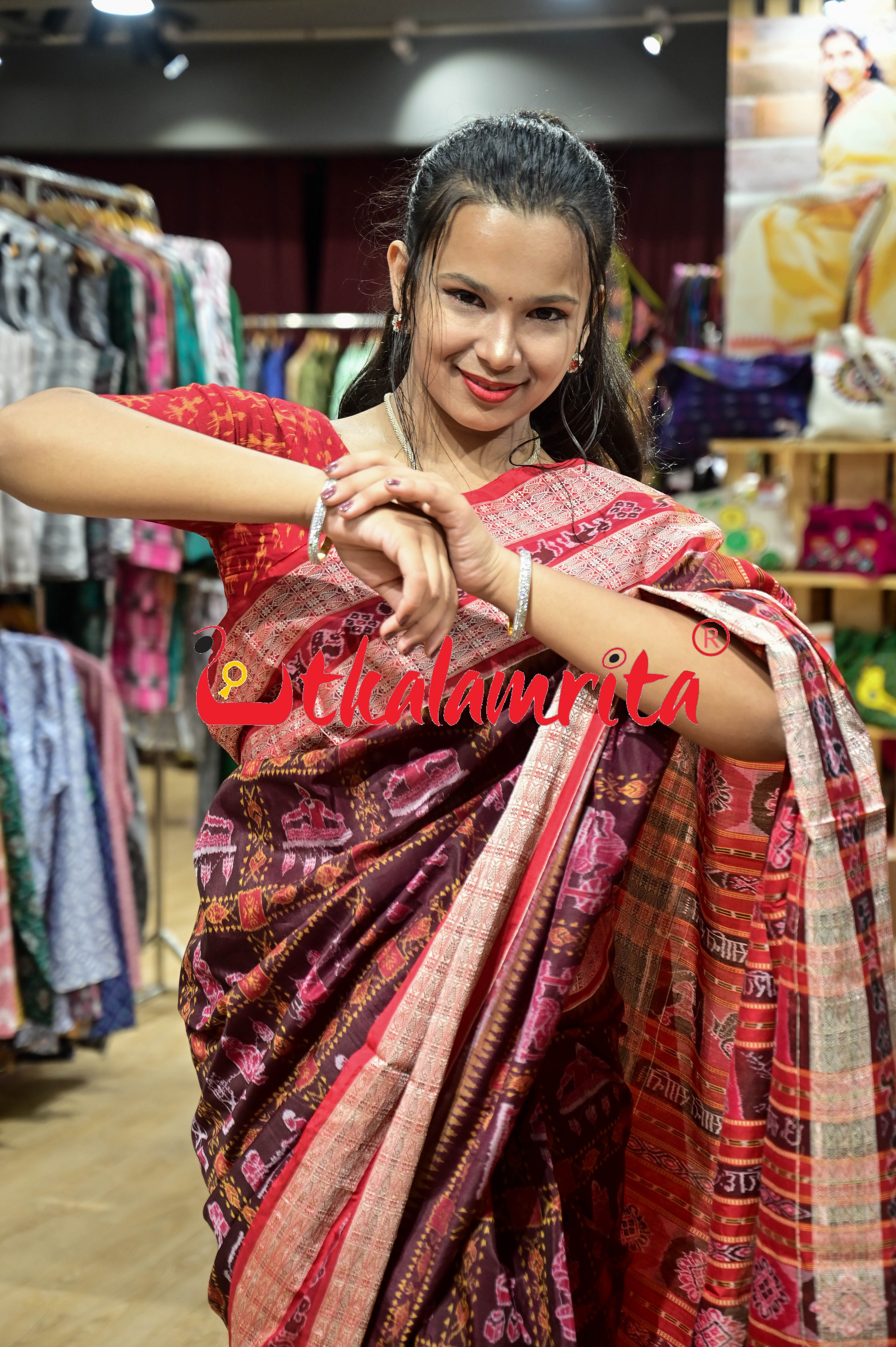 Coffee Red Tantasala Sambalpuri Bapta Saree