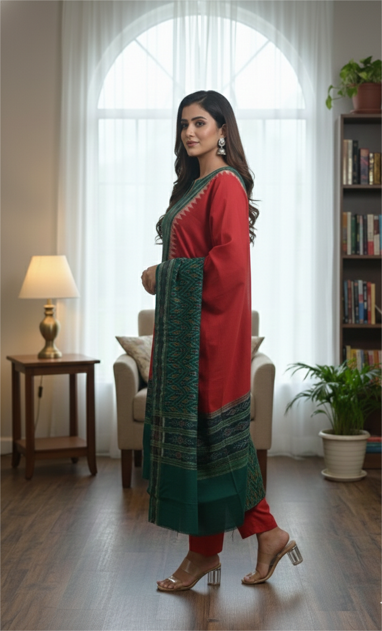 Green Red Thikiri Waves Sambalpuri Cotton Dress Set