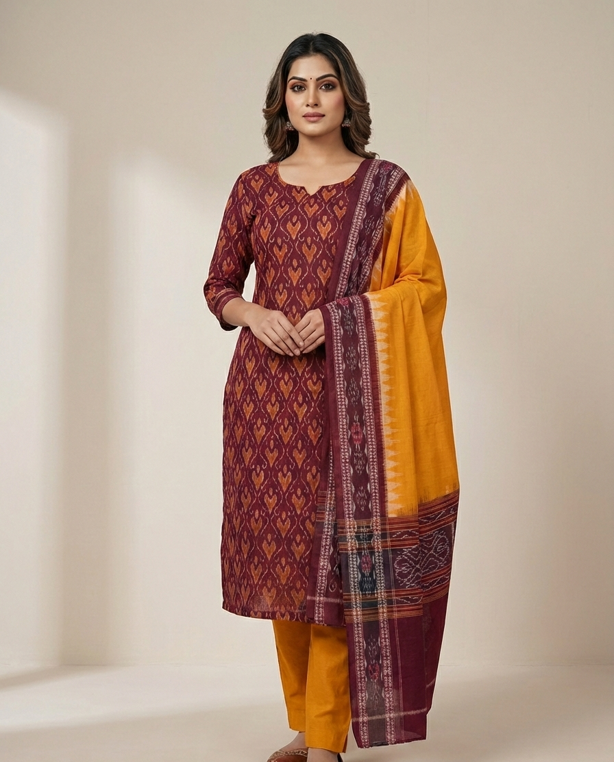 Maroon Yellow Thikiri Waves Sambalpuri Cotton Dress Set