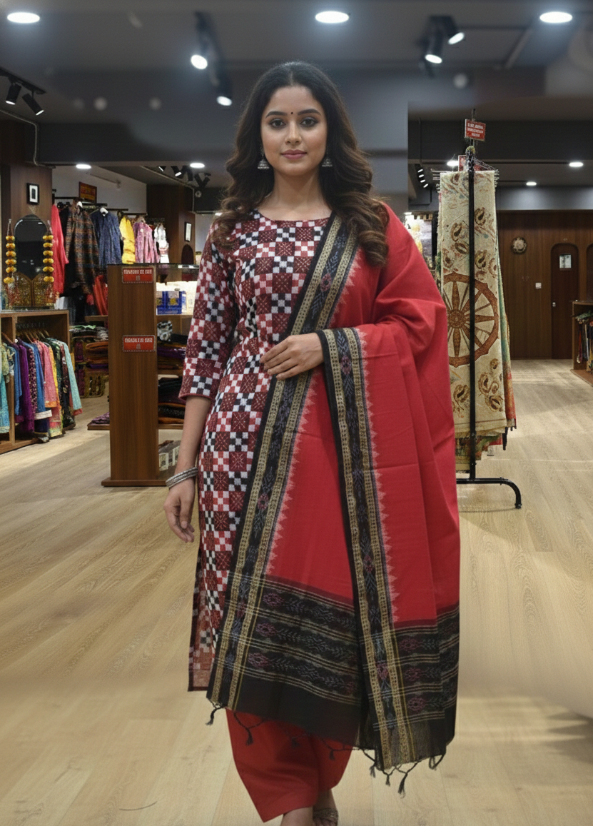 Black Red Damru Kothi Pasapali Cotton Dress Set