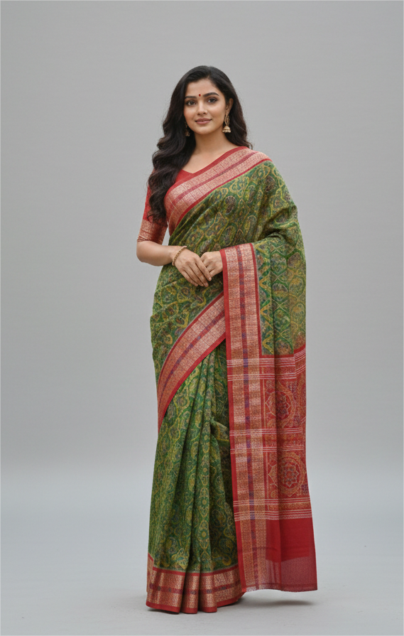 Mehndi Red Round Machha Sambalpuri Cotton Saree