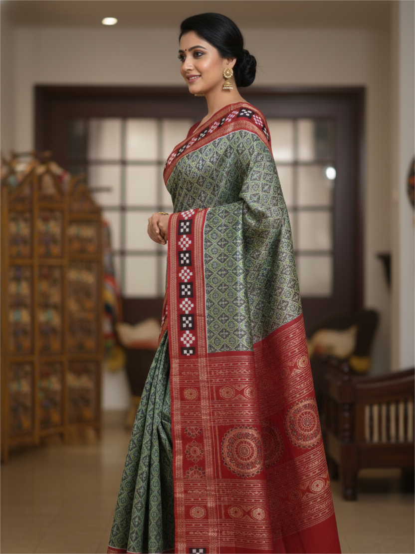 Green Red Dual Color Pasapali Border Cotton Saree