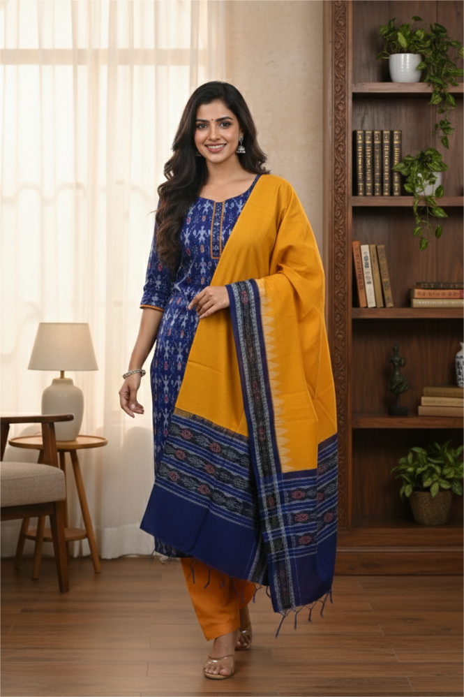 Blue Yellow Jodi Tribals Cotton Dress Set