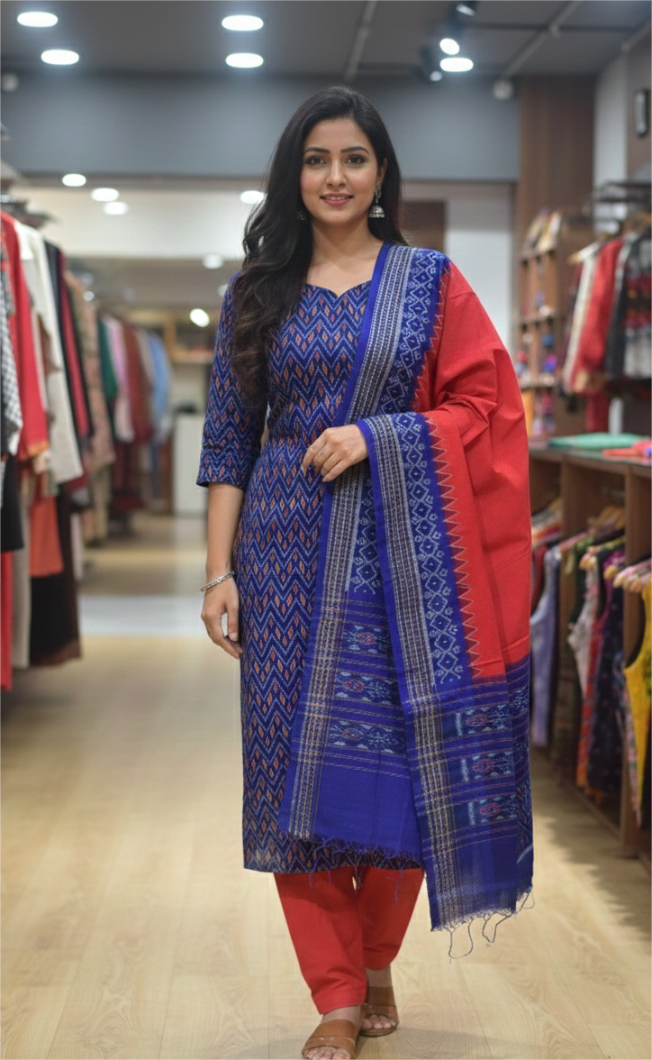 Blue Red Thikiri Waves Sambalpuri Cotton Dress Set