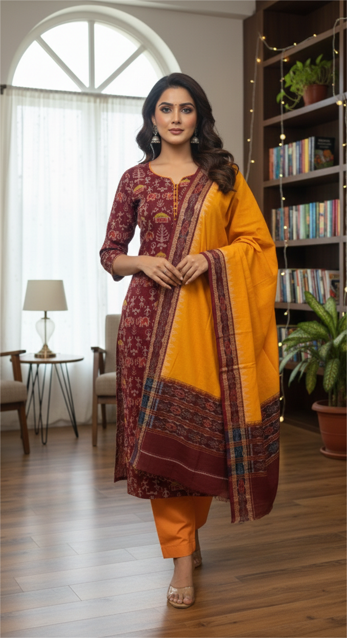 Maroon Yellow Adibasi Theme Sambalpuri Cotton Dress Set