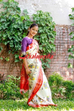 White Baghambari Khandua Silk Saree