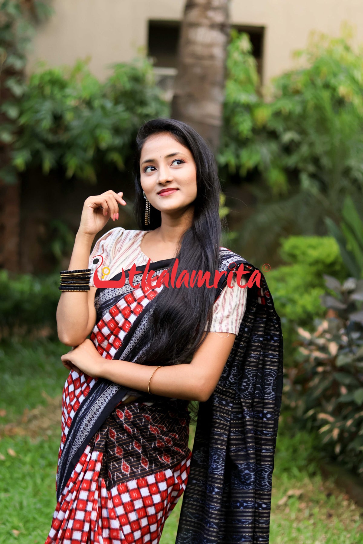 Red Black Checks Twinning Pasapali Saree