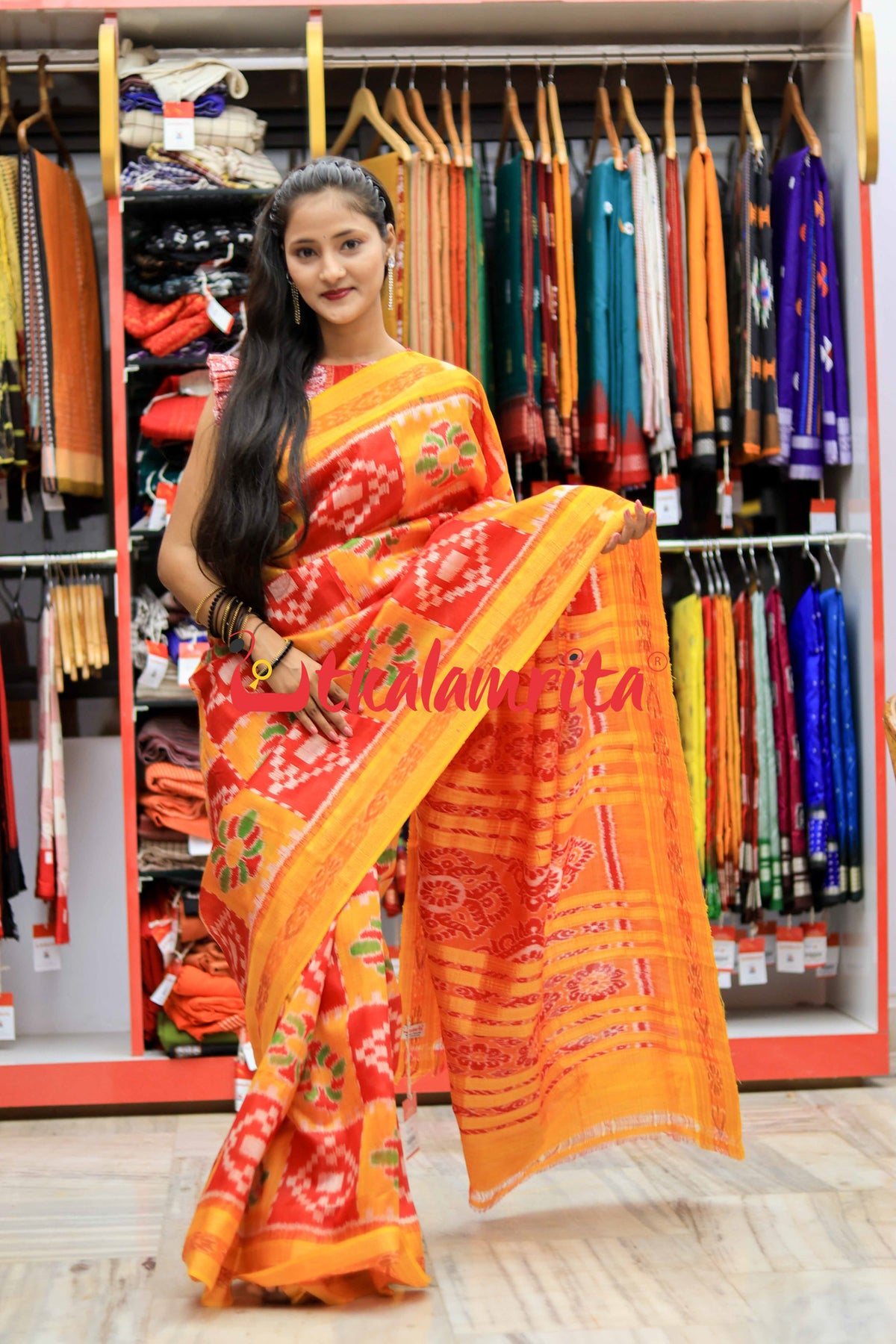 Yellow Red Flower Pasapali Khandua Silk Saree