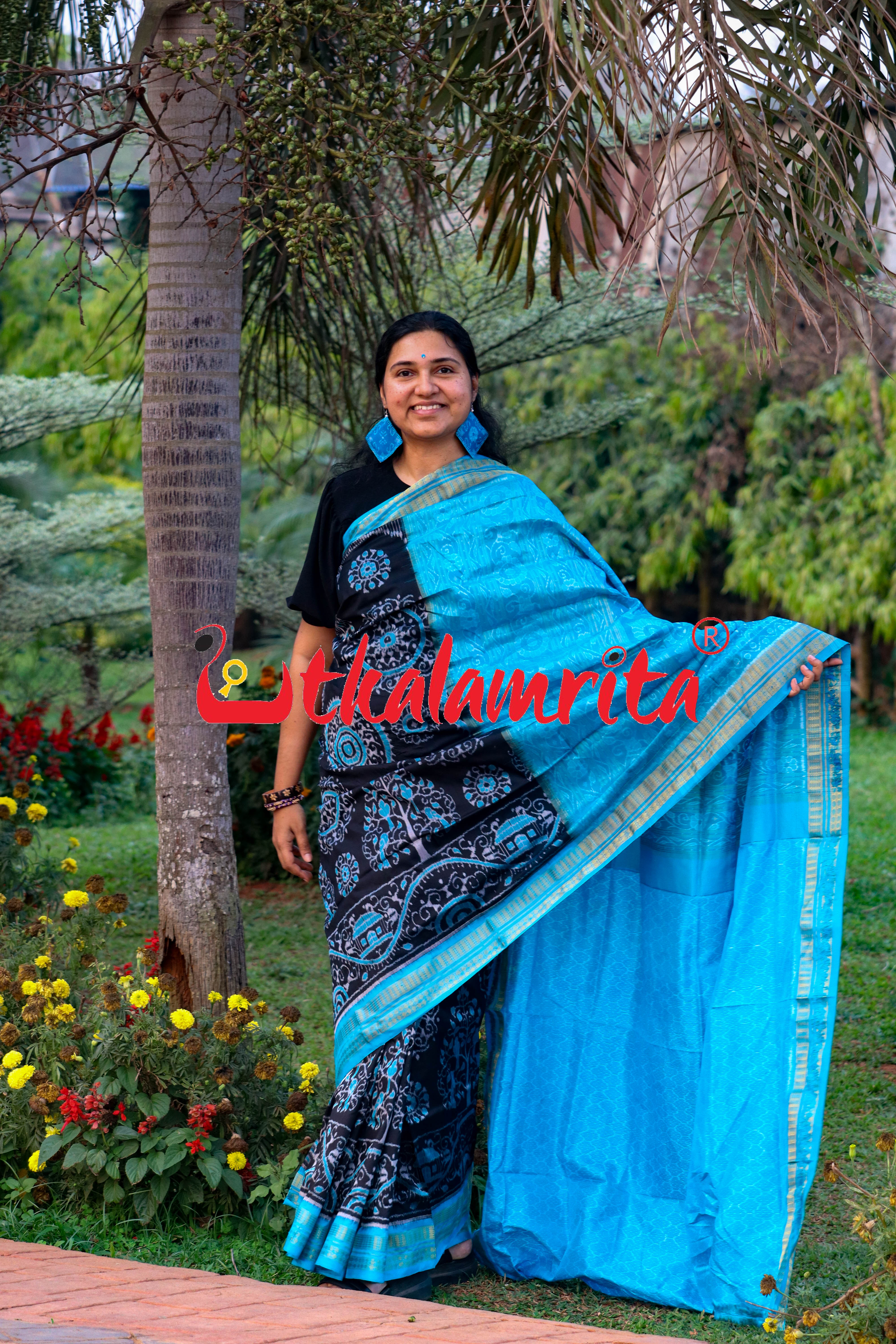Black Blue Round Tribal Half Tissue Sambalpuri Silk Saree