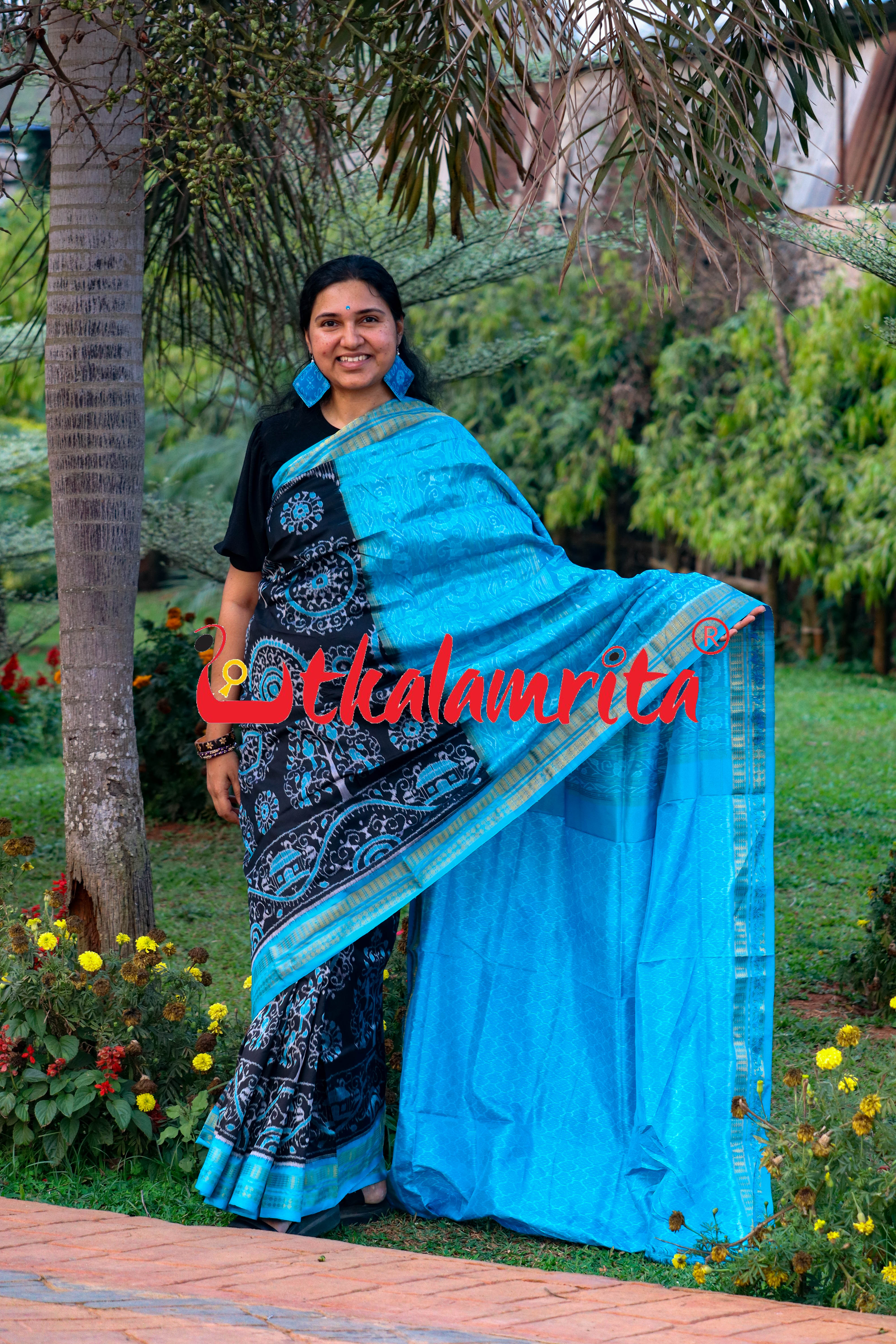 Black Blue Round Tribal Half Tissue Sambalpuri Silk Saree