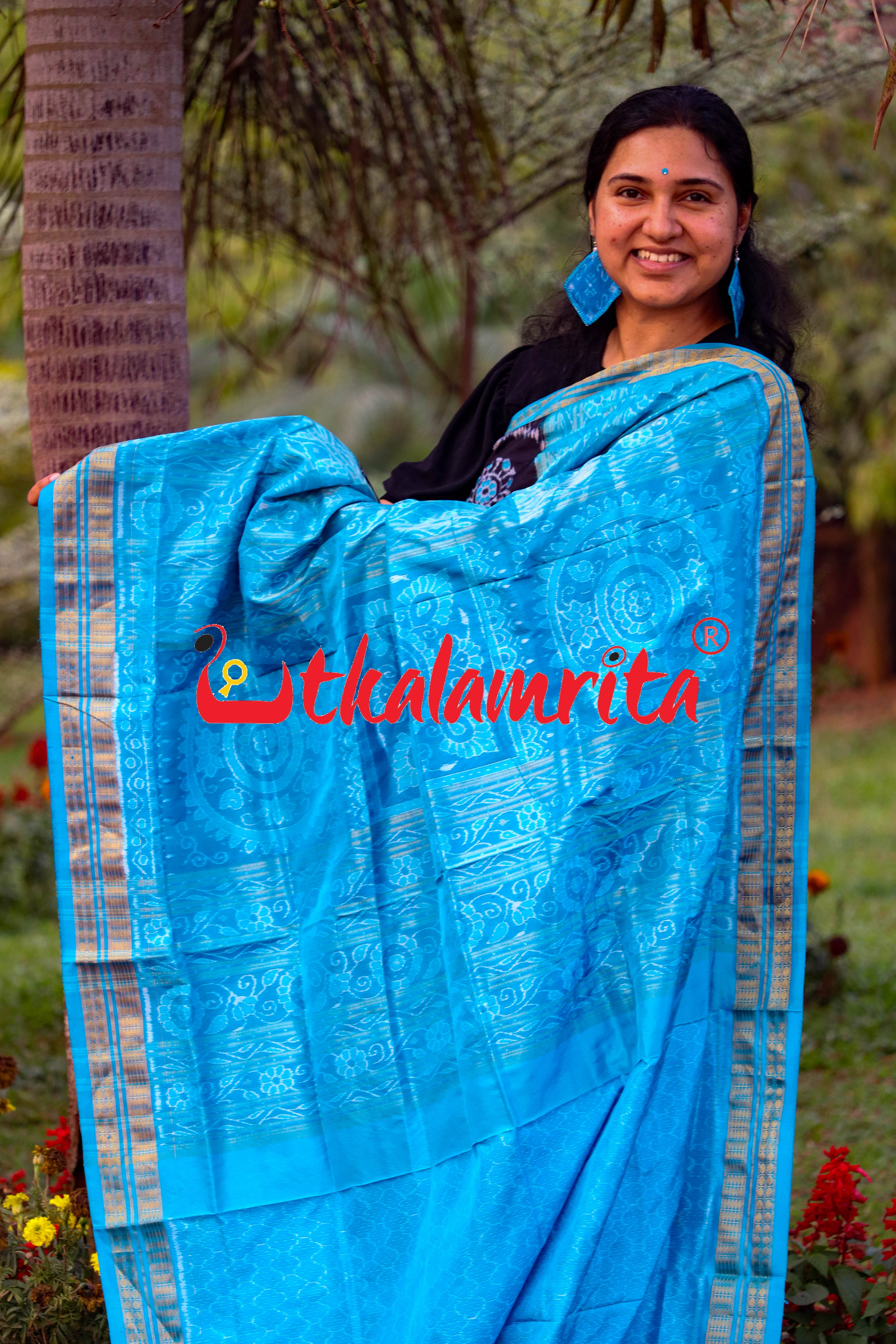 Black Blue Round Tribal Half Tissue Sambalpuri Silk Saree