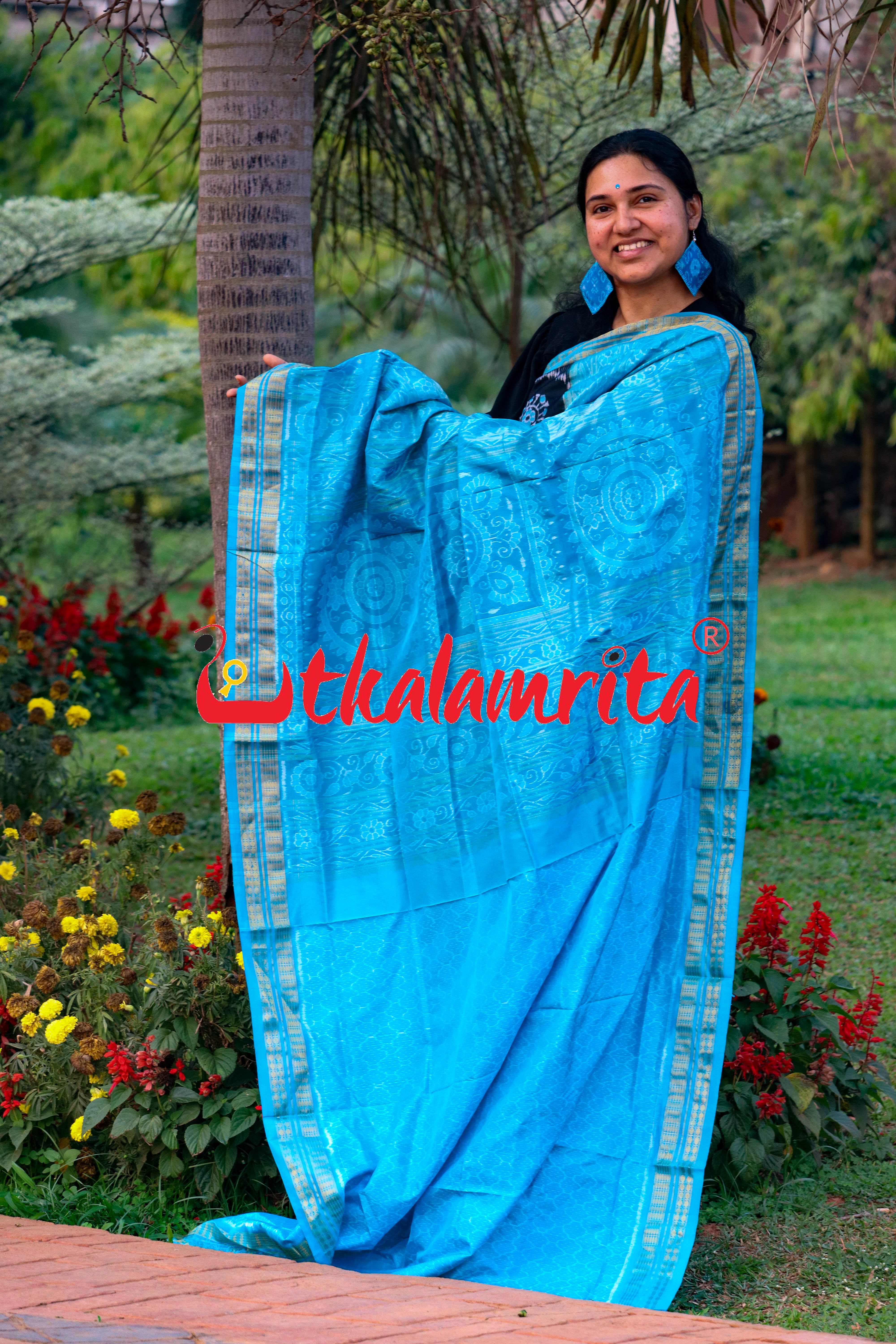 Black Blue Round Tribal Half Tissue Sambalpuri Silk Saree