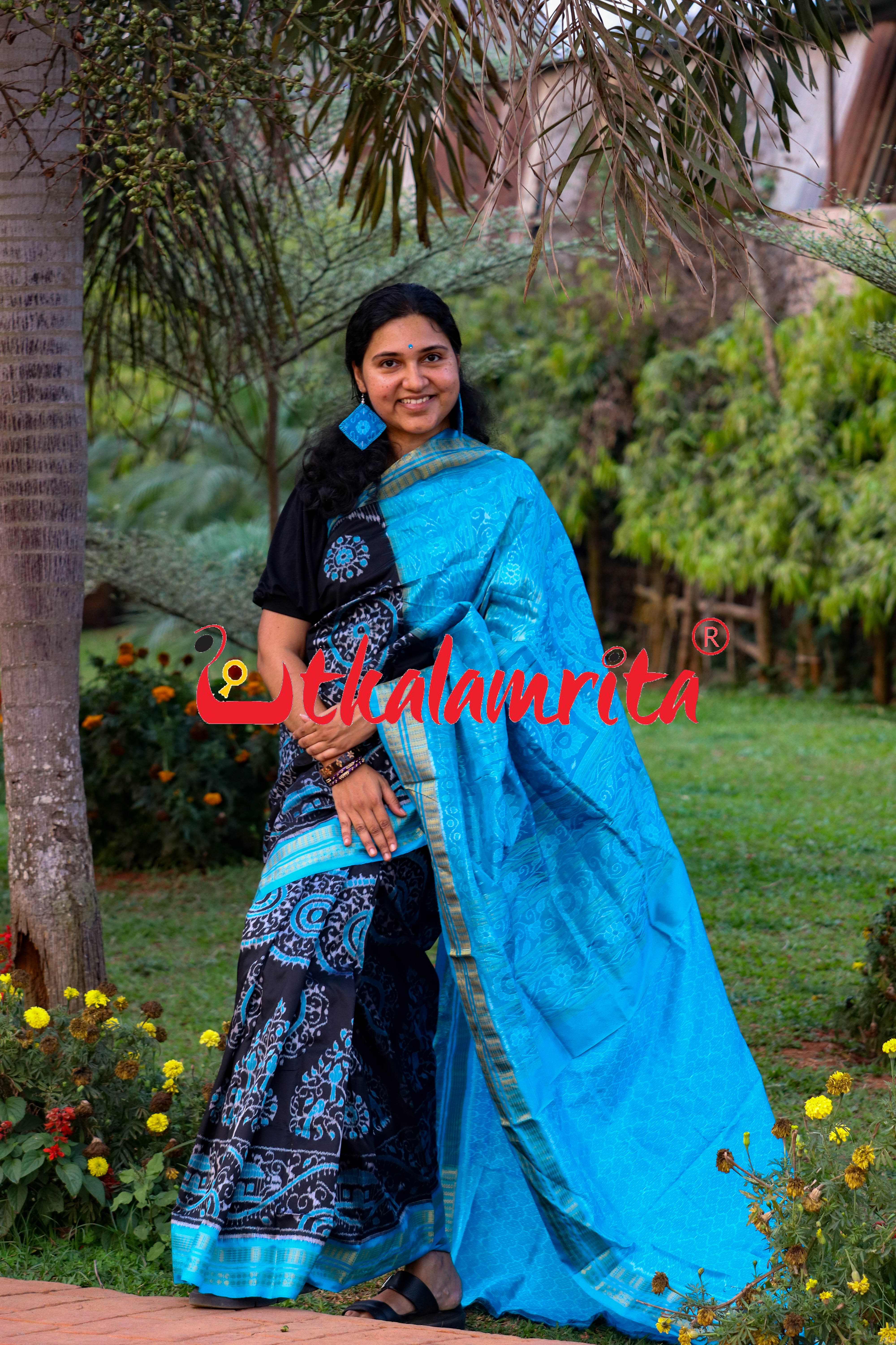 Black Blue Round Tribal Half Tissue Sambalpuri Silk Saree