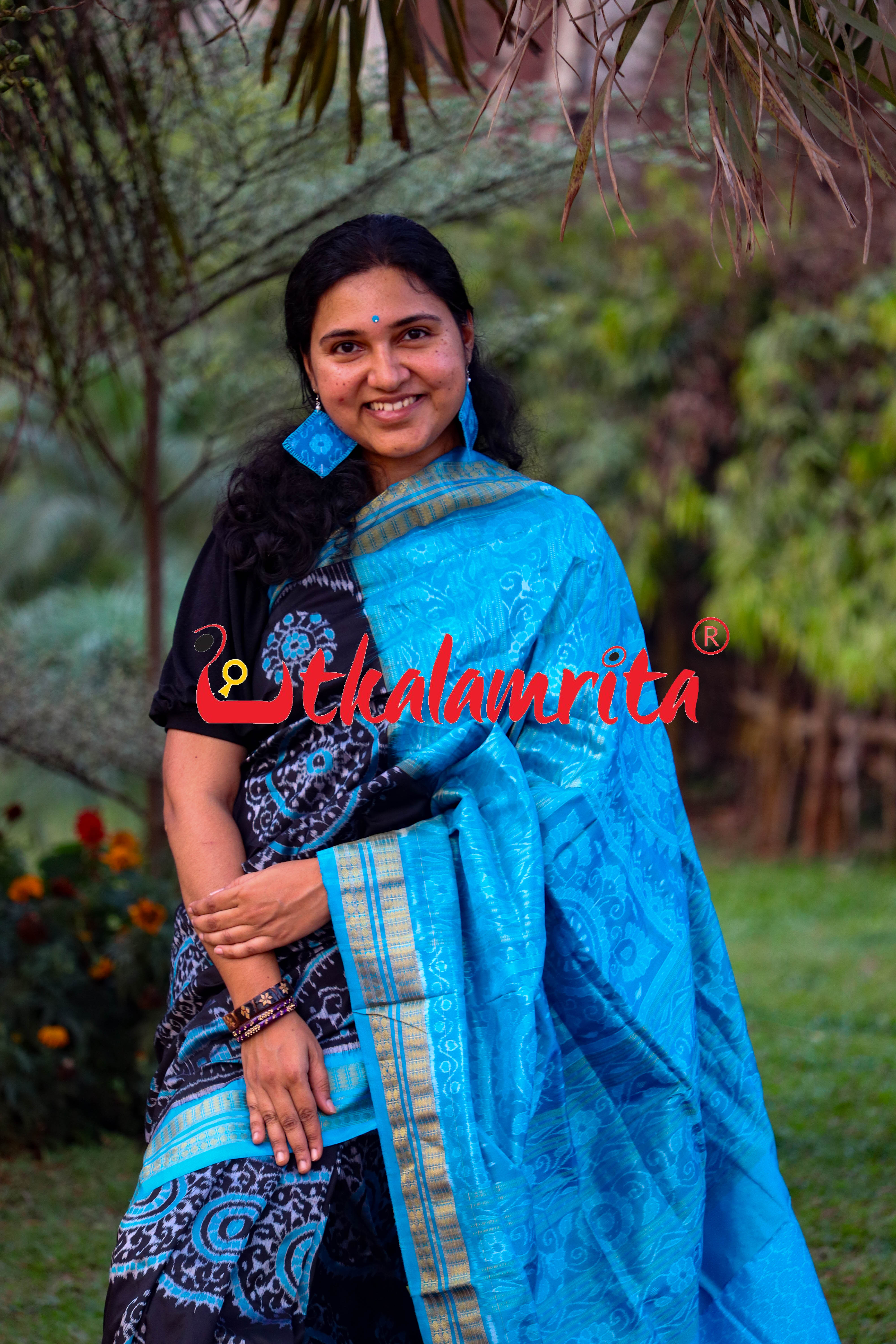 Black Blue Round Tribal Half Tissue Sambalpuri Silk Saree