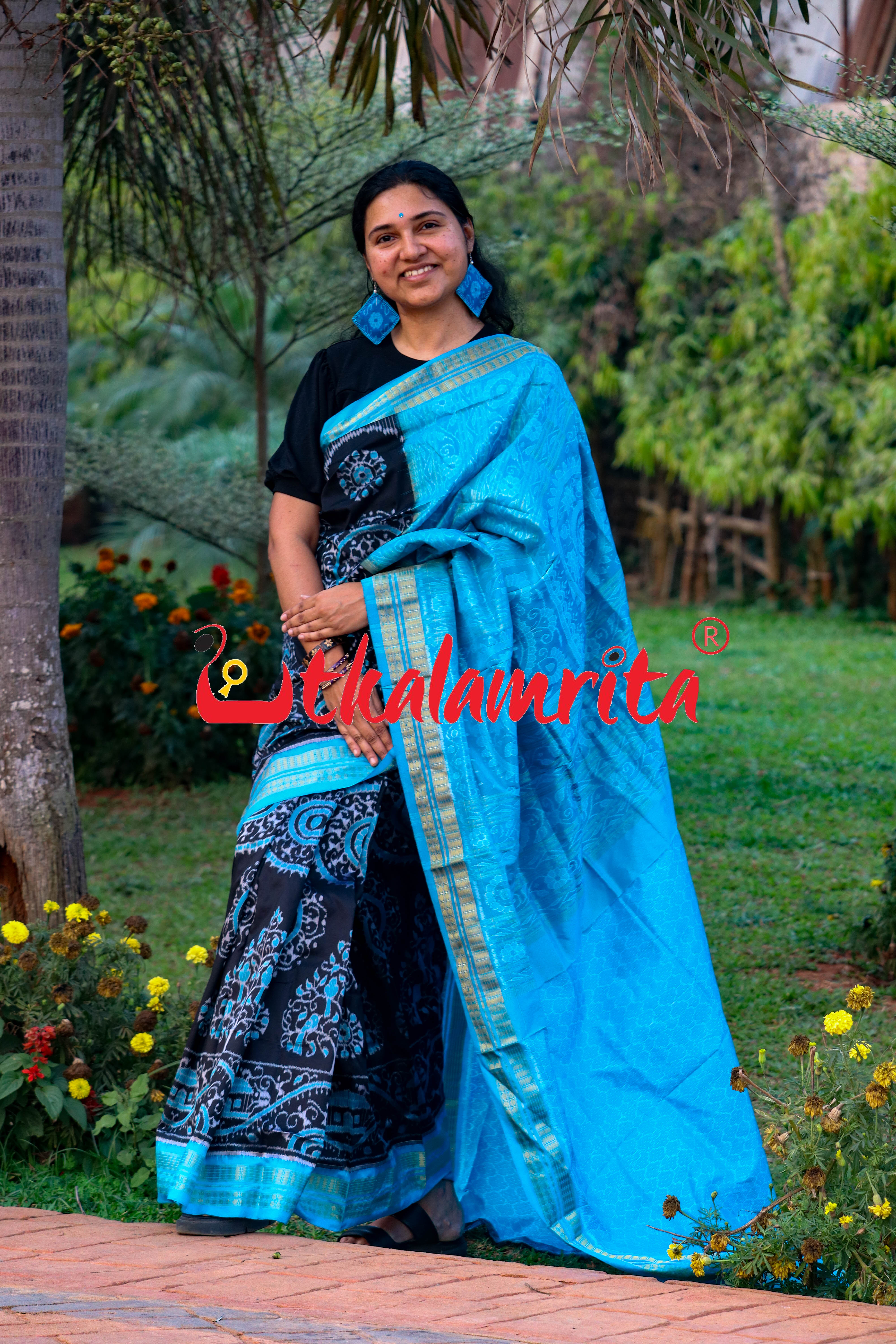 Black Blue Round Tribal Half Tissue Sambalpuri Silk Saree